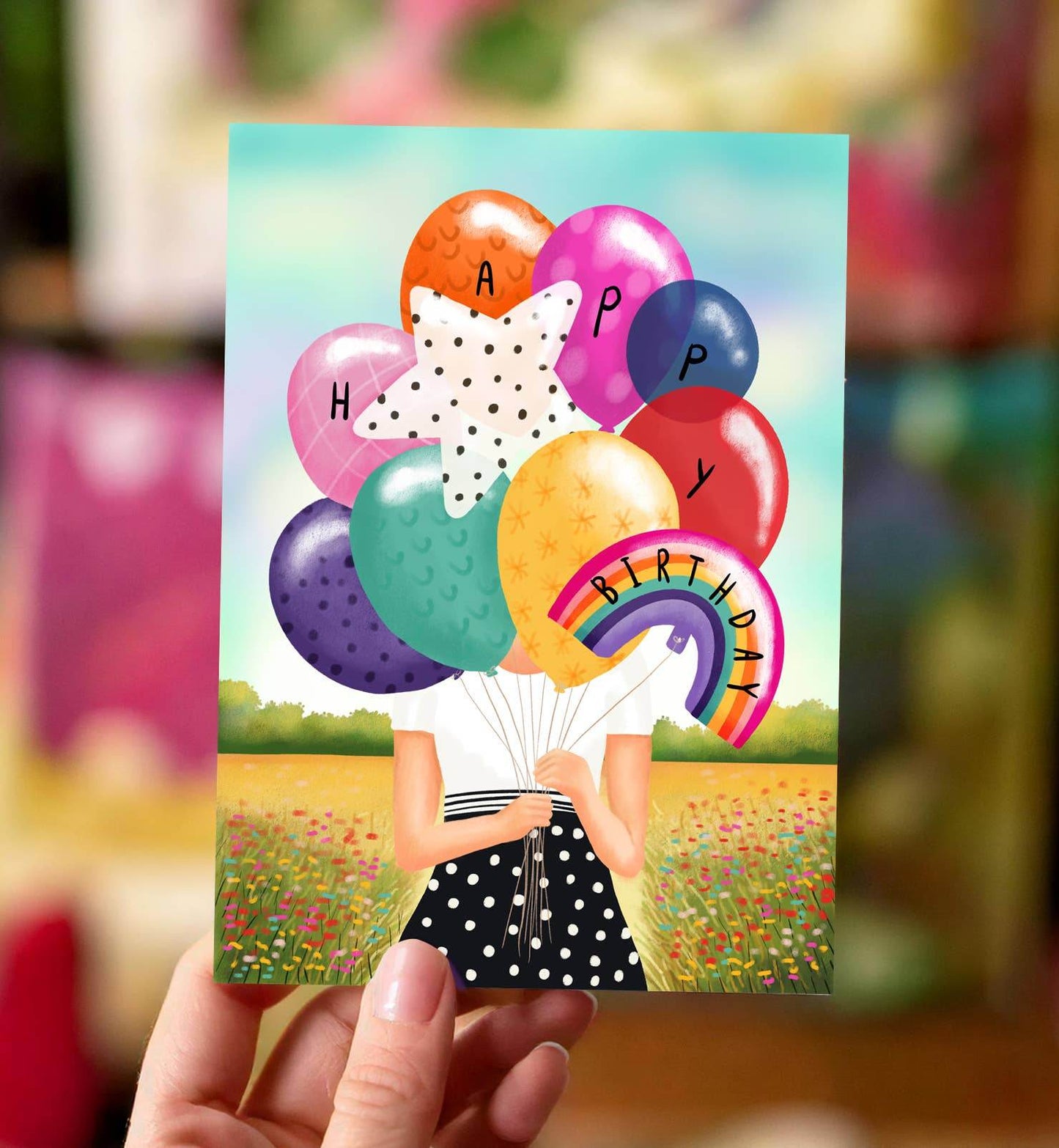 Aniet Illustration - Kaart verjaardag felicitatie vrouw met ballonnen - The Dreamer's Bookshop.
