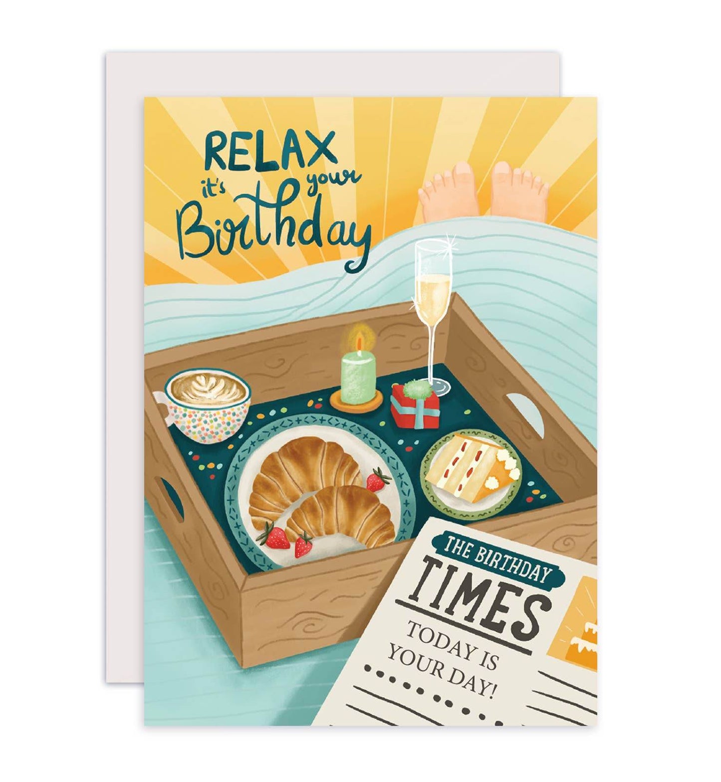 Aniet Illustration - Kaart verjaardag felicitatie man met dienblad en krant relax - The Dreamer's Bookshop.