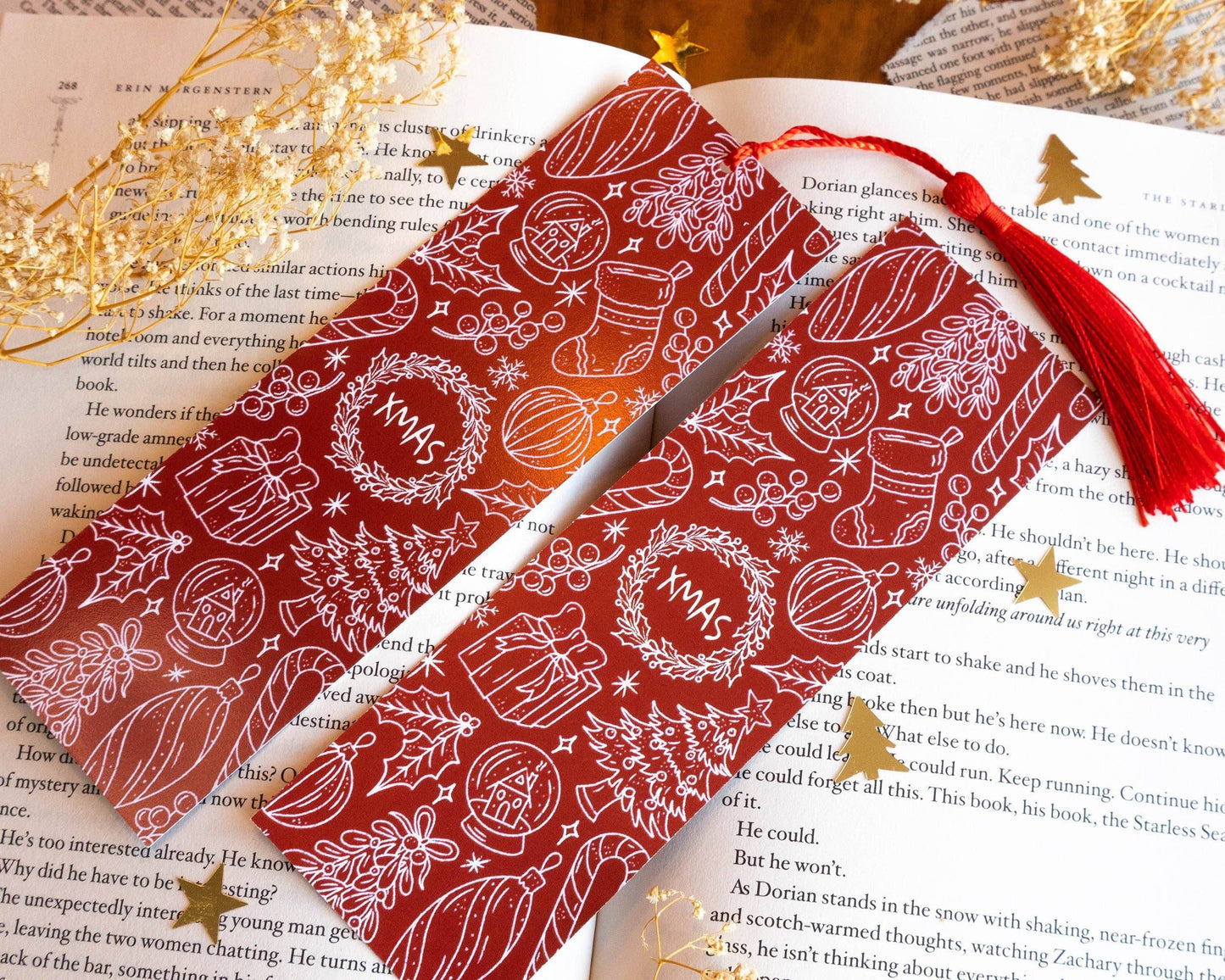 Basically Britt - Red Christmas Bookmark with Festive Holiday Doodles - The Dreamer's Bookshop.
