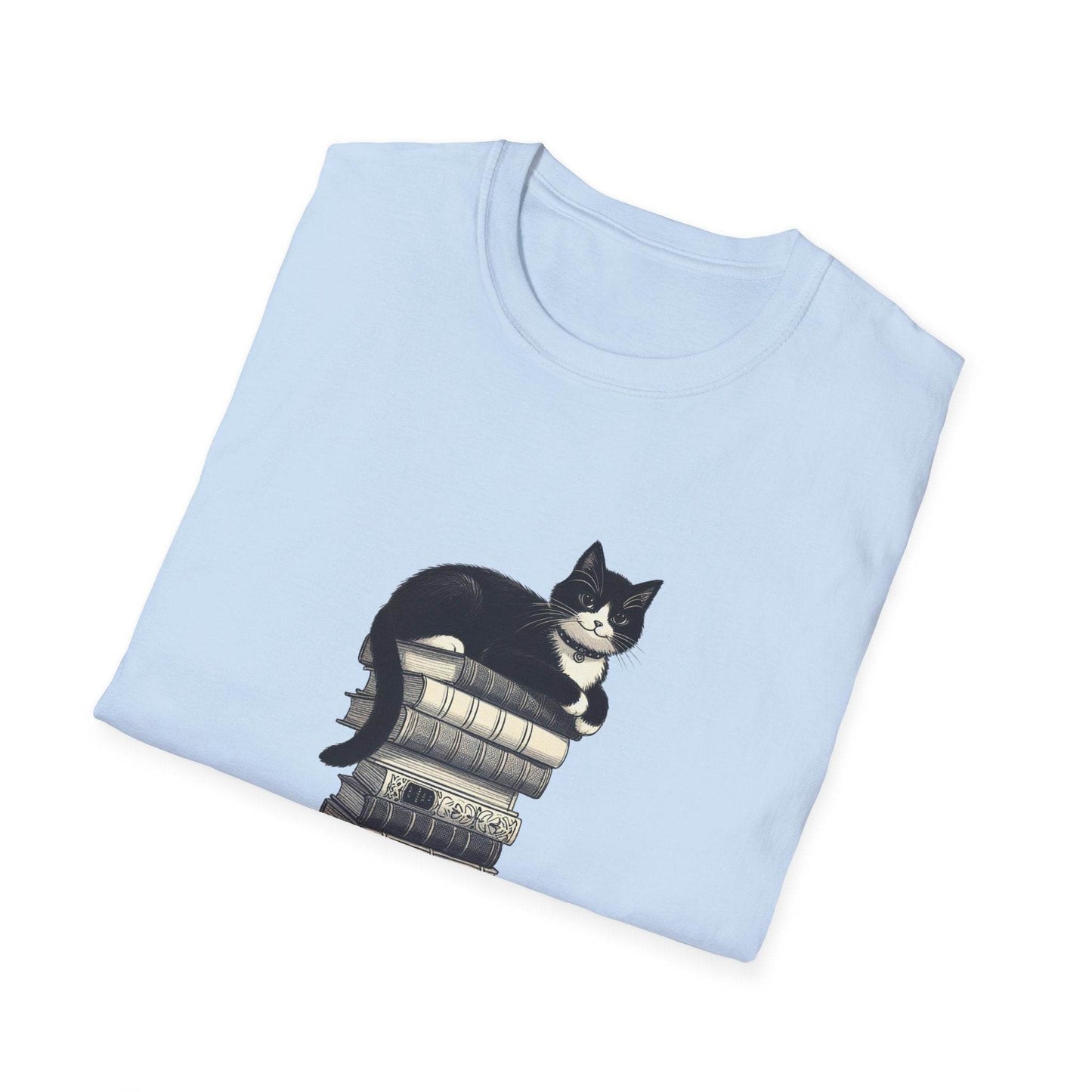 Unisex Softstyle T-Shirt - Vintage Cat Book Stack Bookworm - The Dreamer's Bookshop.