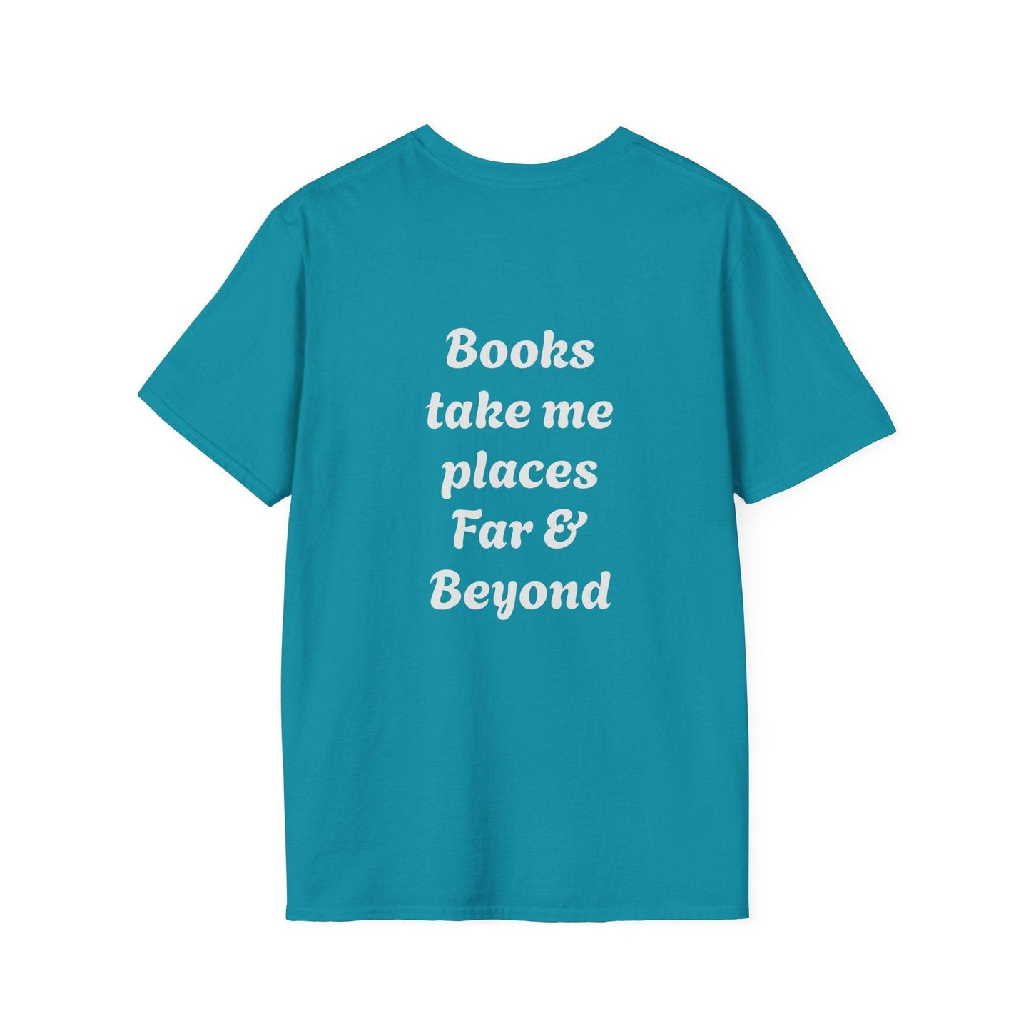 Unisex Softstyle T-Shirt - 'I'm a Traveller of Worlds' & 'Books Take Me Places Far & Beyond' - The Dreamer's Bookshop.