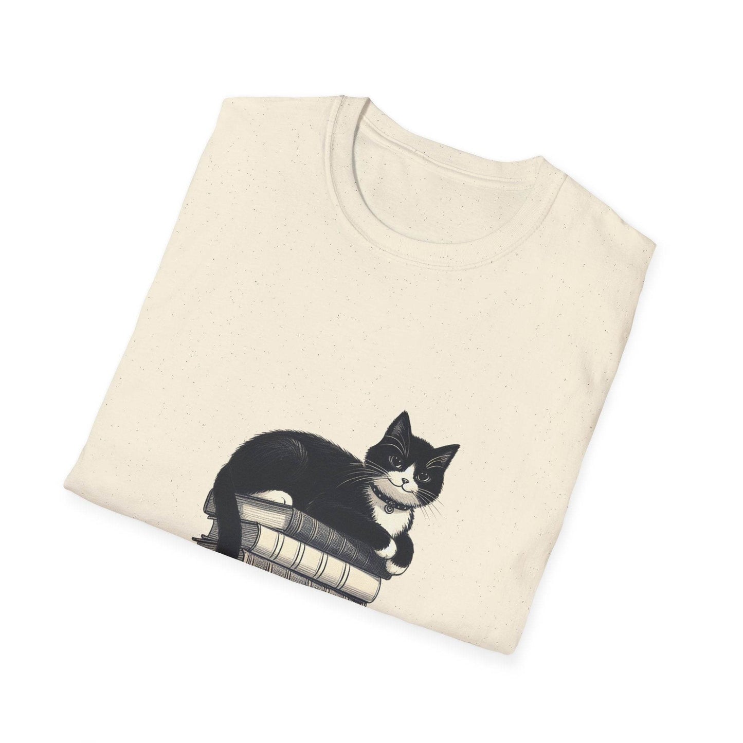 Unisex T-Shirt - Vintage Cat Book Stack for Book Lovers - The Dreamer's Bookshop.