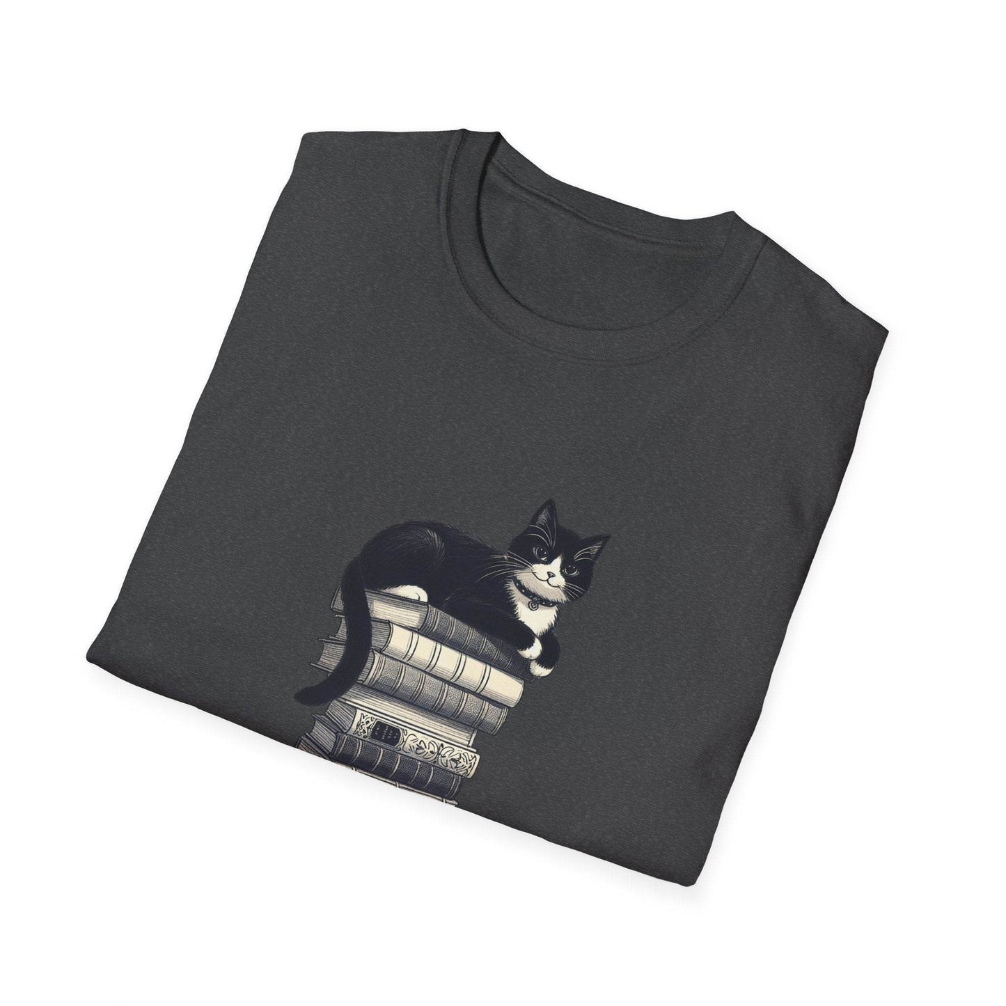 Unisex Softstyle T-Shirt - Vintage Cat Book Stack Bookworm - The Dreamer's Bookshop.