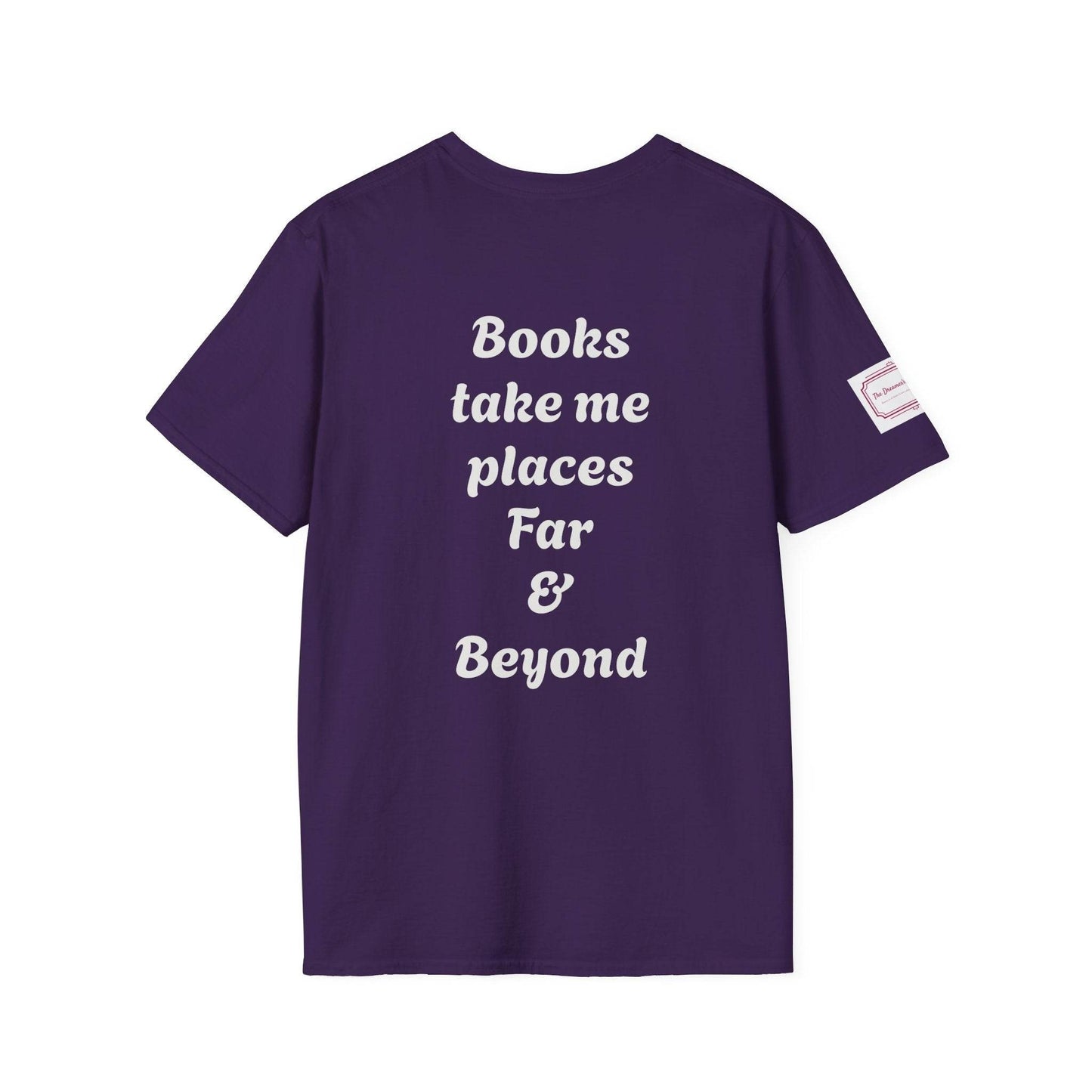 Unisex Softstyle T-Shirt - Traveller of Worlds Design for Book Lovers - The Dreamer's Bookshop.
