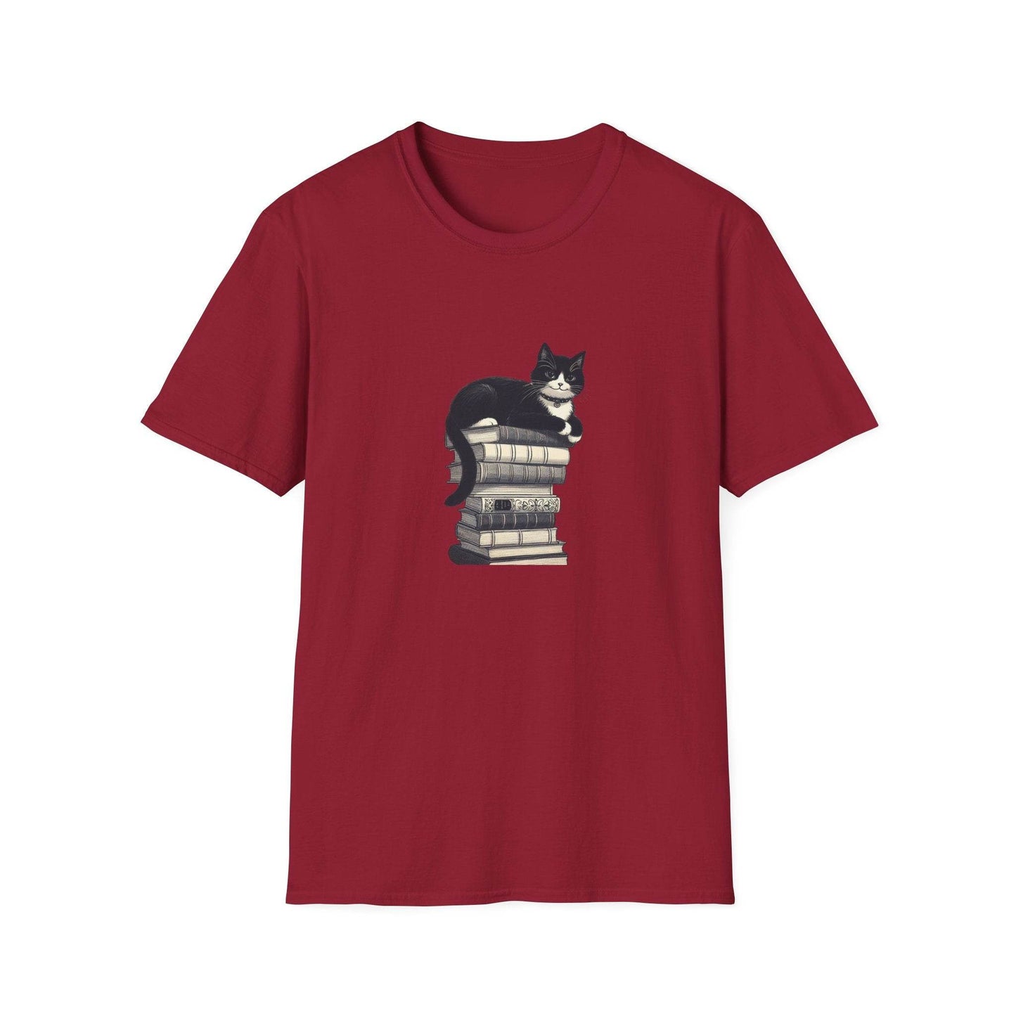 Unisex Softstyle T-Shirt - Vintage Cat Book Stack Booklover - The Dreamer's Bookshop.