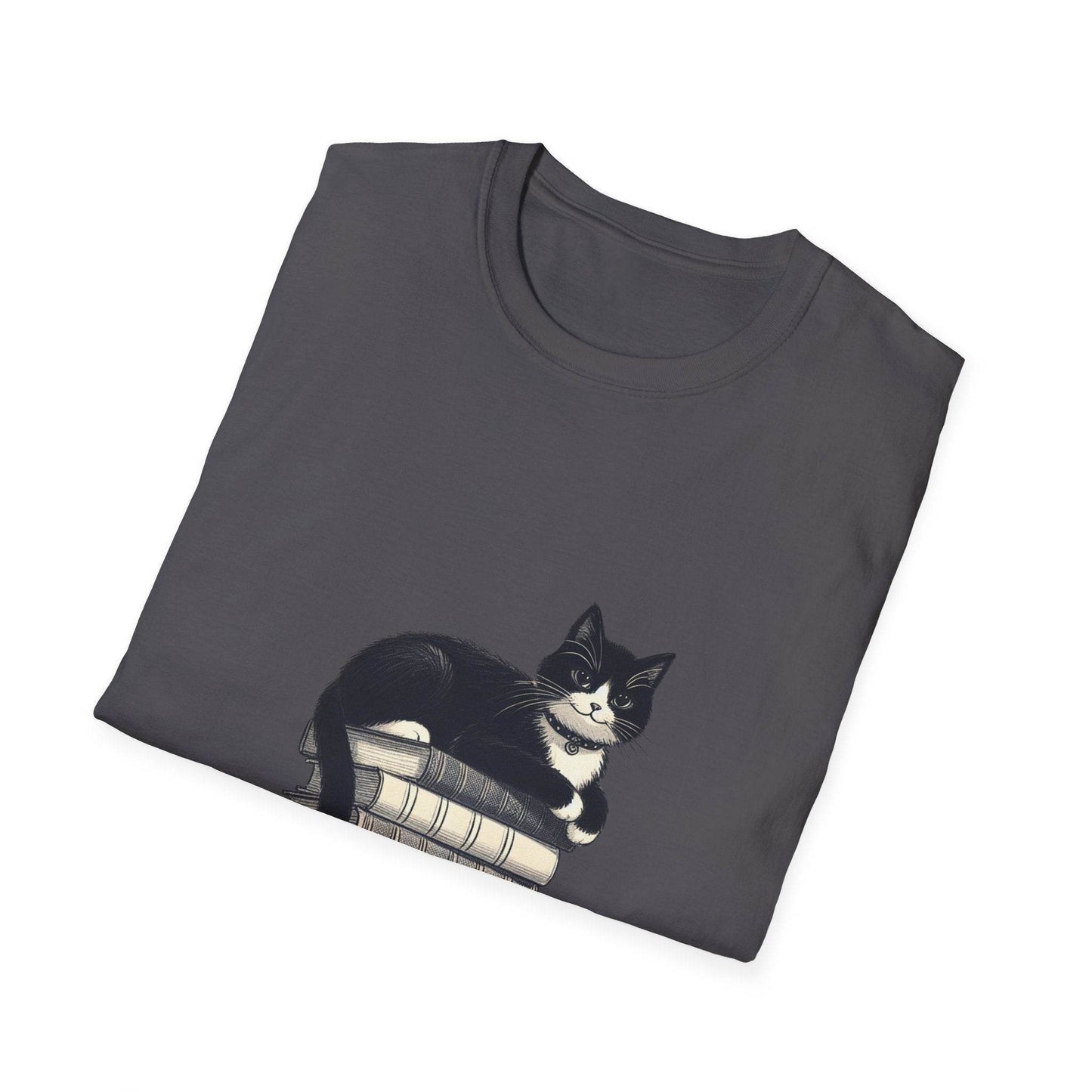 Unisex T-Shirt - Vintage Cat Book Stack for Book Lovers - The Dreamer's Bookshop.