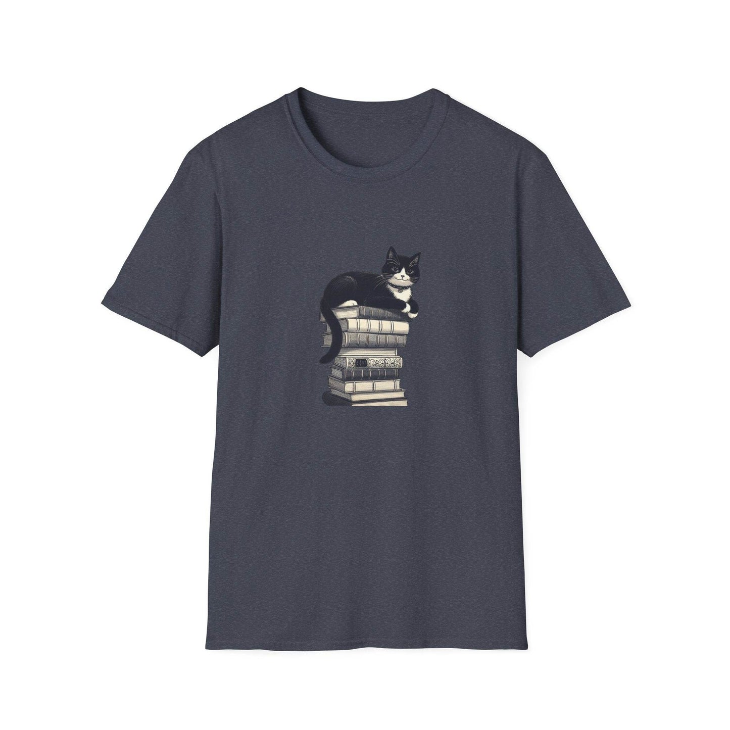 Unisex Softstyle T-Shirt - Vintage Cat Book Stack Booklover - The Dreamer's Bookshop.