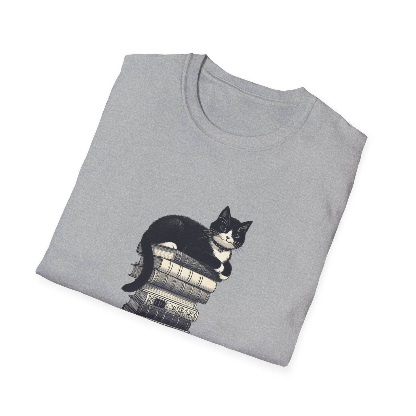 Unisex Softstyle T-Shirt - Vintage Cat Book Stack Bookworm - The Dreamer's Bookshop.
