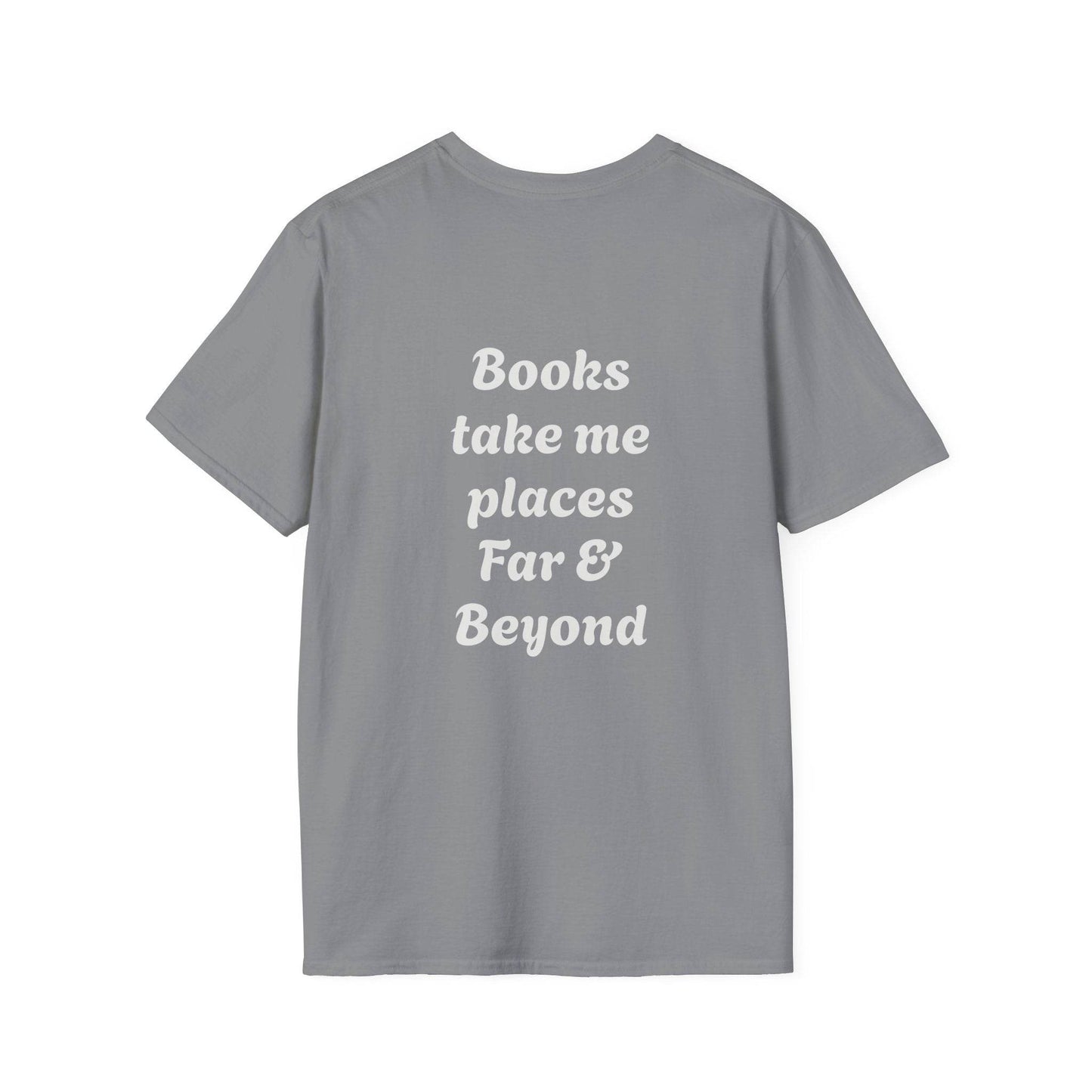 Unisex Softstyle T-Shirt - 'I'm a Traveller of Worlds' & 'Books Take Me Places Far & Beyond' - The Dreamer's Bookshop.