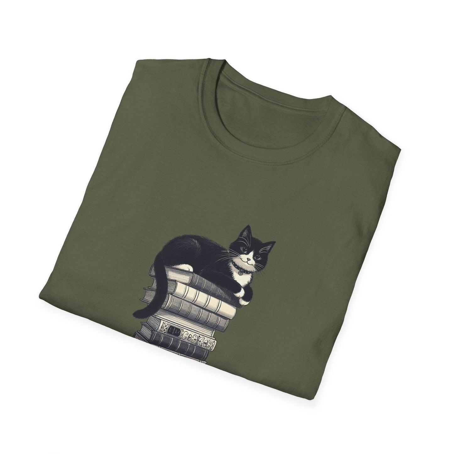 Unisex Softstyle T-Shirt - Vintage Cat Book Stack Bookworm - The Dreamer's Bookshop.