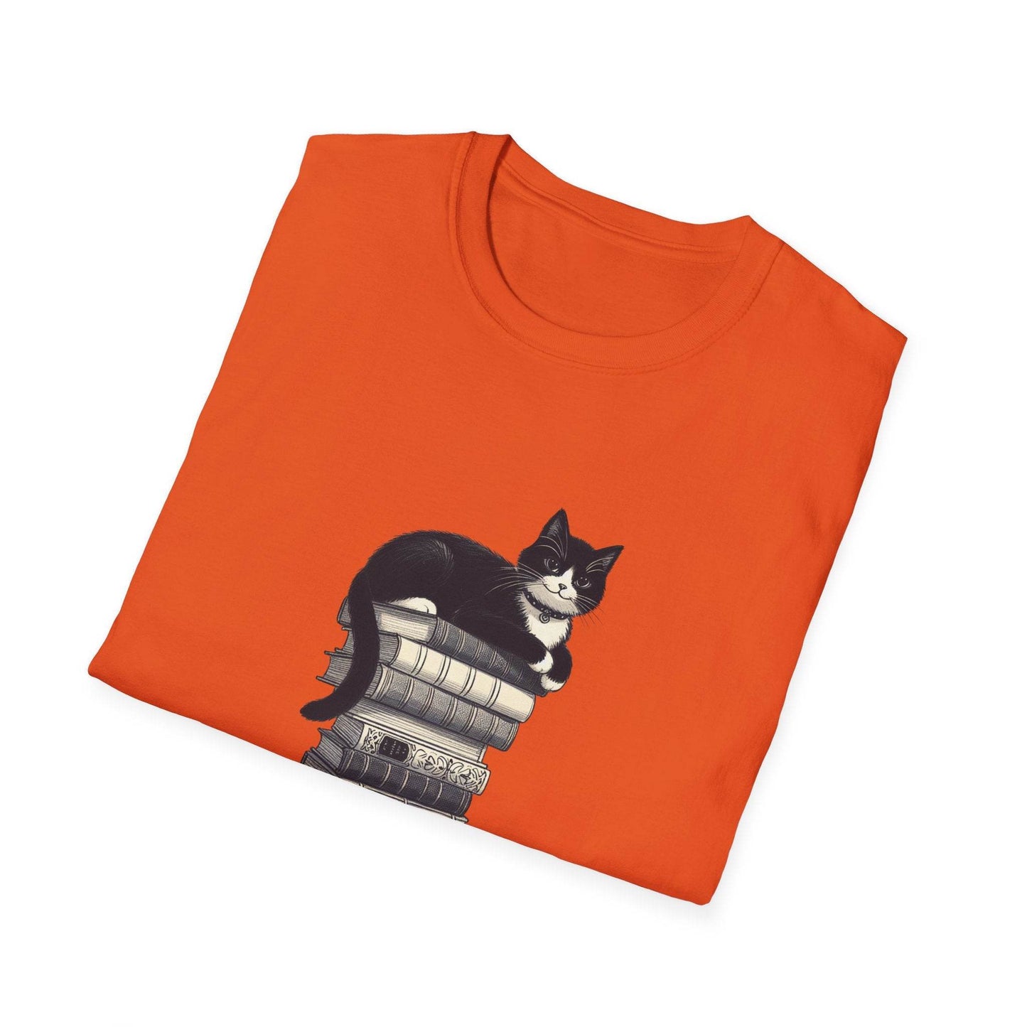 Unisex Softstyle T-Shirt - Vintage Cat Book Stack Bookworm - The Dreamer's Bookshop.