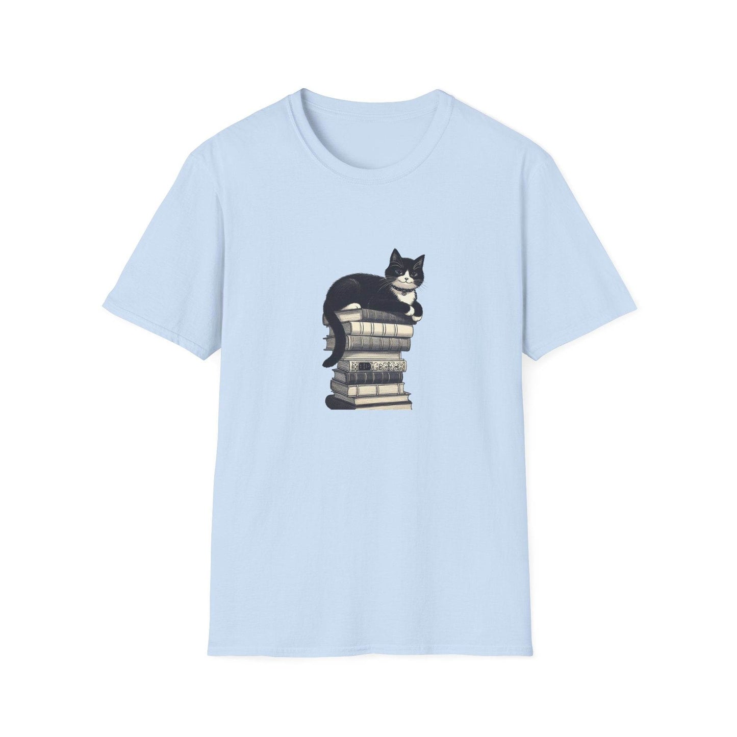 Unisex Softstyle T-Shirt - Vintage Cat Book Stack Booklover - The Dreamer's Bookshop.