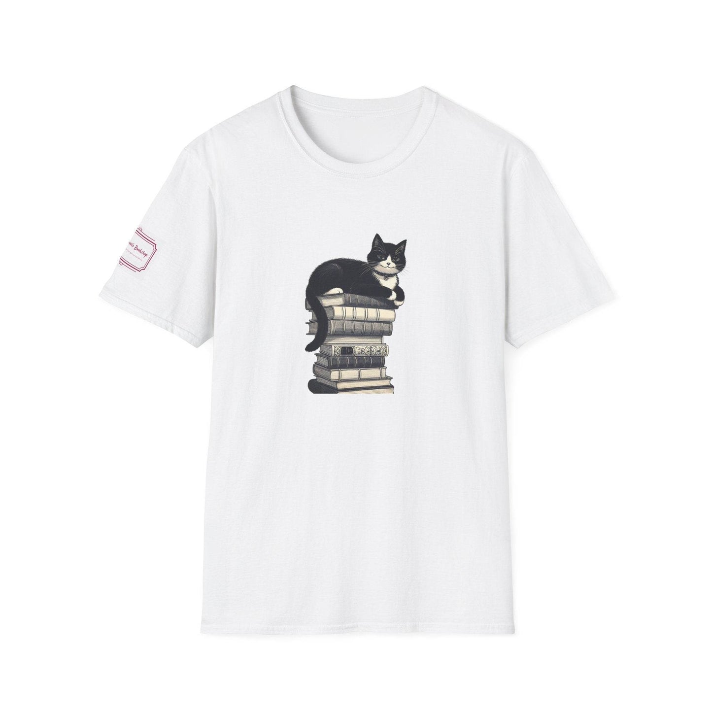 Unisex Softstyle T-Shirt - Vintage Cat Book Stack Bookworm - The Dreamer's Bookshop.