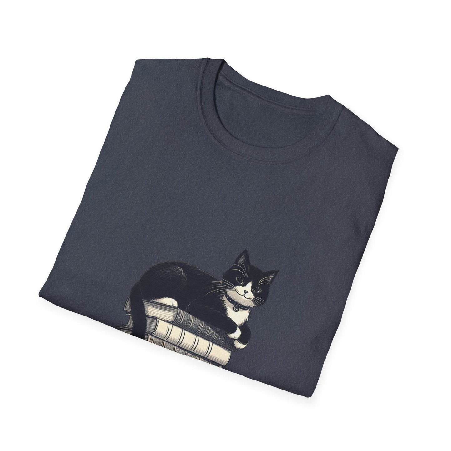 Unisex T-Shirt - Vintage Cat Book Stack for Book Lovers - The Dreamer's Bookshop.