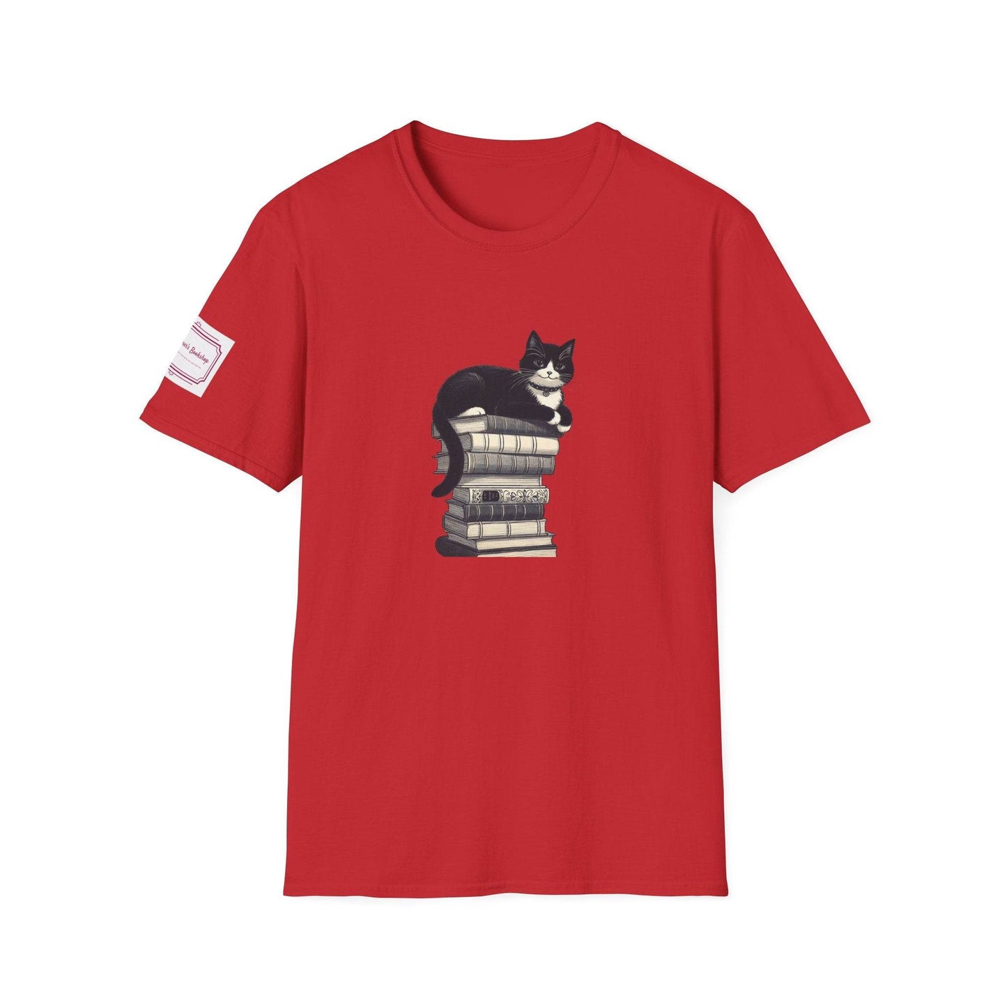 Unisex Softstyle T-Shirt - Vintage Cat Book Stack Bookworm - The Dreamer's Bookshop.