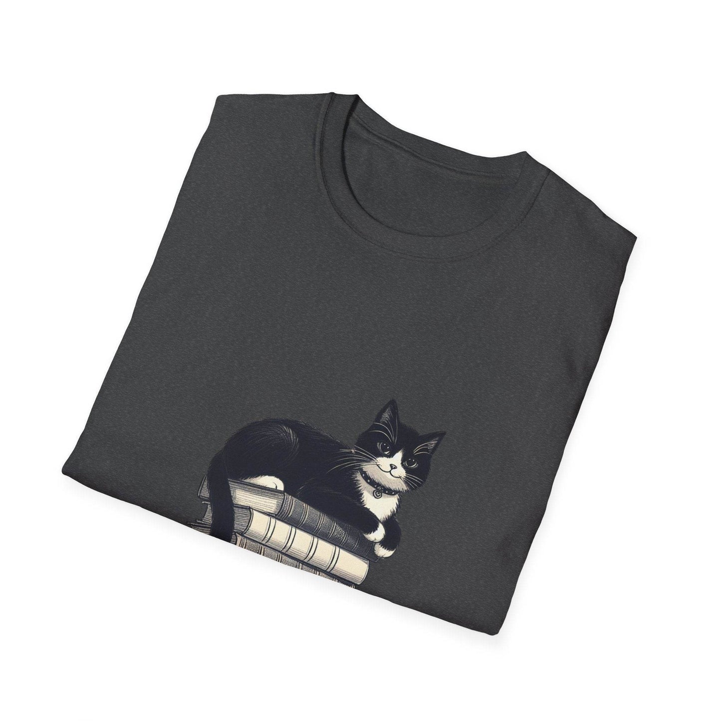 Unisex T-Shirt - Vintage Cat Book Stack for Book Lovers - The Dreamer's Bookshop.