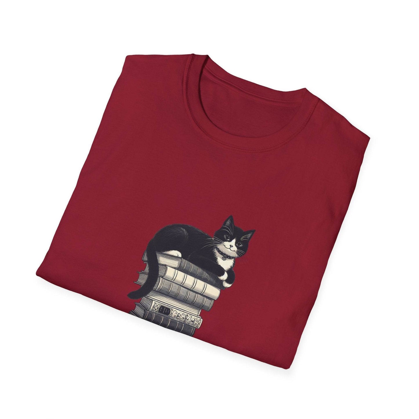 Unisex Softstyle T-Shirt - Vintage Cat Book Stack Booklover - The Dreamer's Bookshop.