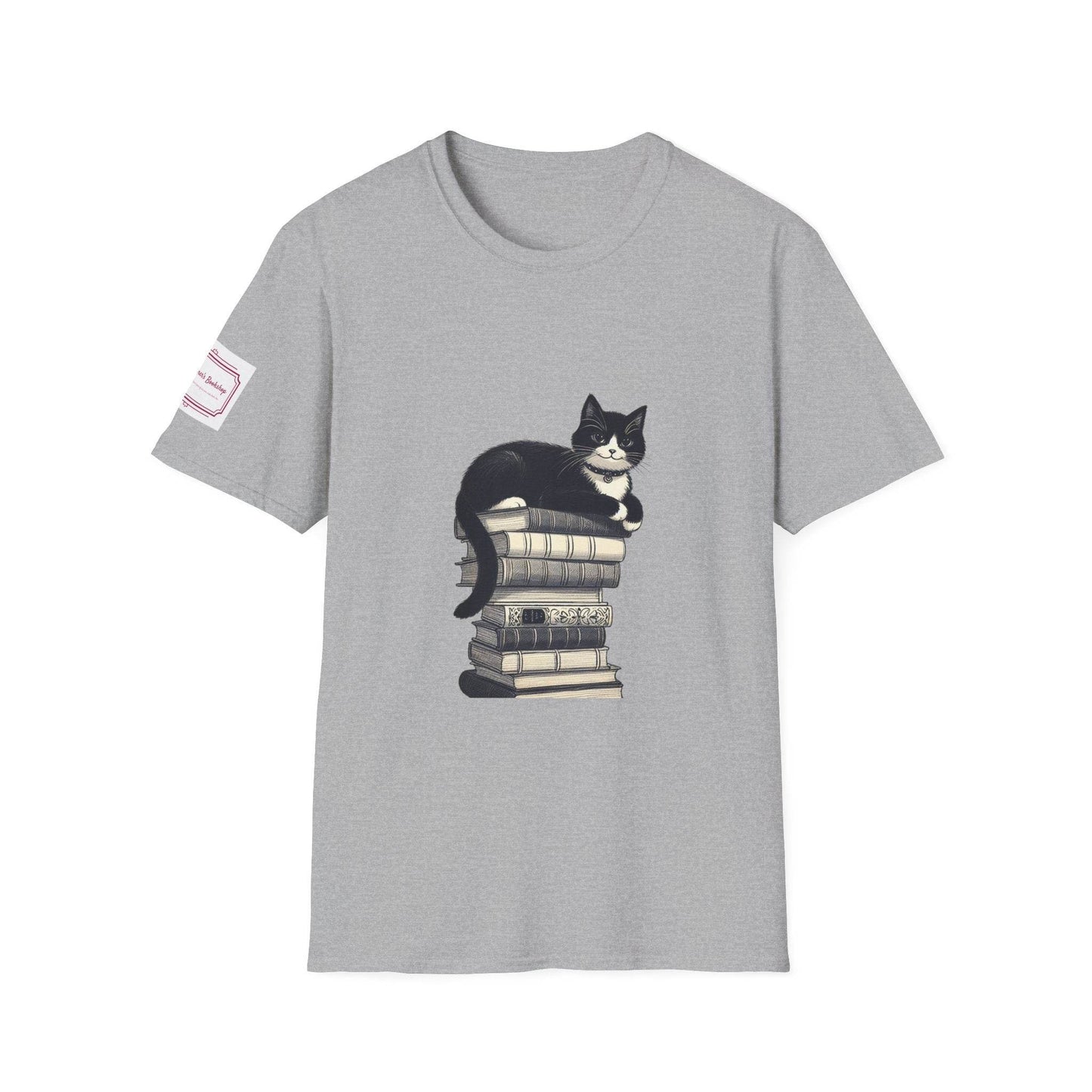 Unisex T-Shirt - Vintage Cat Book Stack for Book Lovers - The Dreamer's Bookshop.