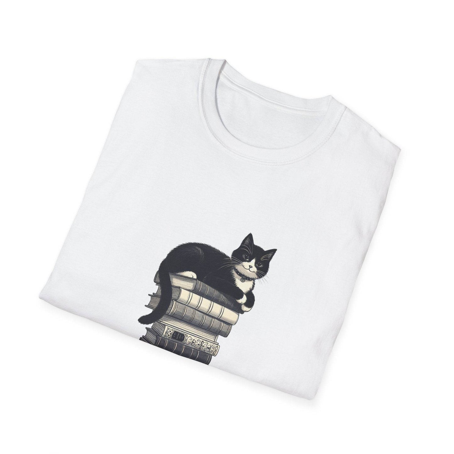 Unisex Softstyle T-Shirt - Vintage Cat Book Stack Booklover - The Dreamer's Bookshop.