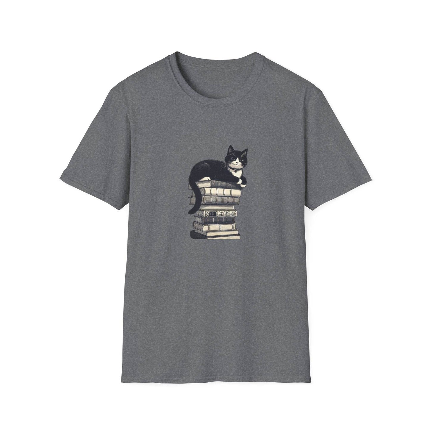 Unisex Softstyle T-Shirt - Vintage Cat Book Stack Booklover - The Dreamer's Bookshop.