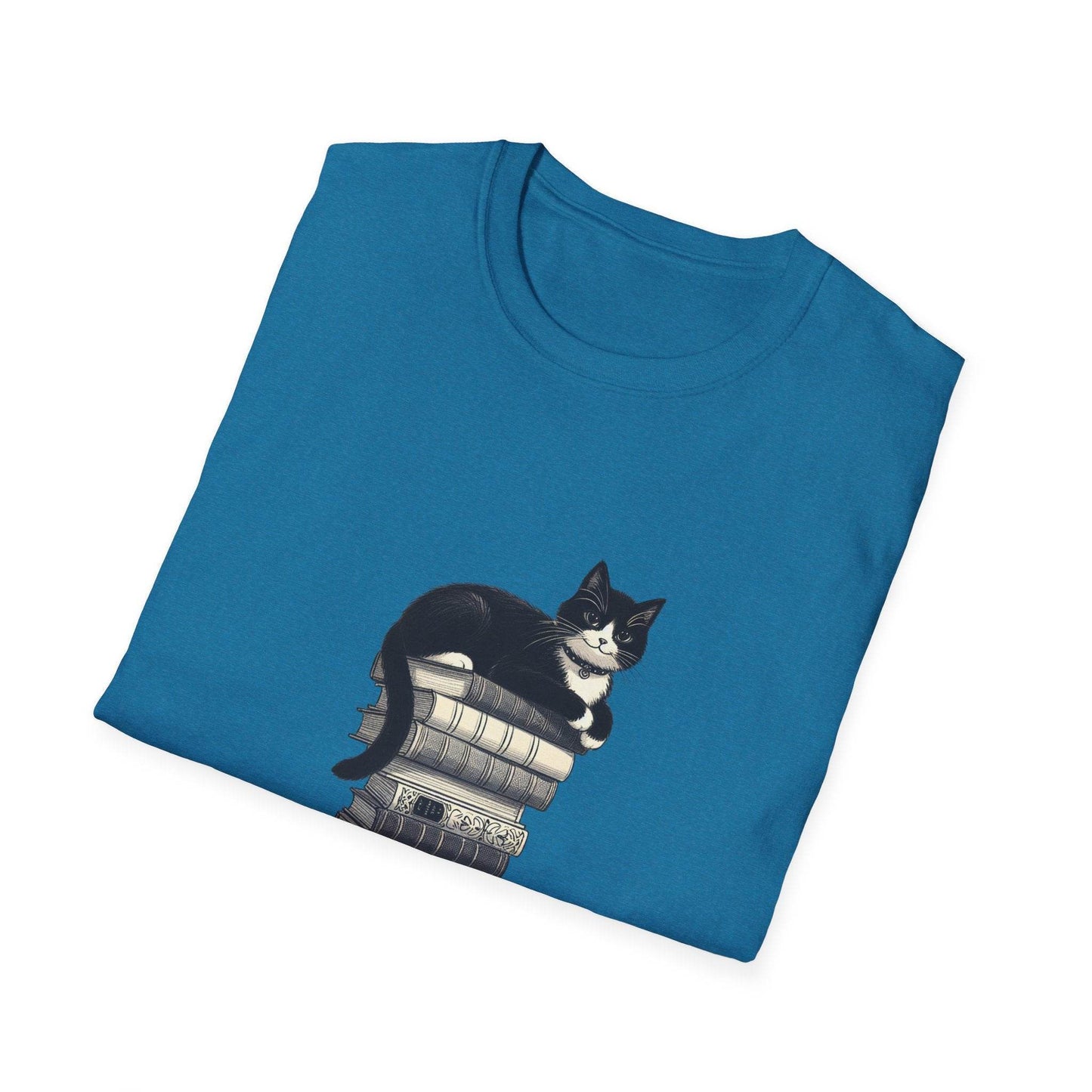 Unisex Softstyle T-Shirt - Vintage Cat Book Stack Booklover - The Dreamer's Bookshop.