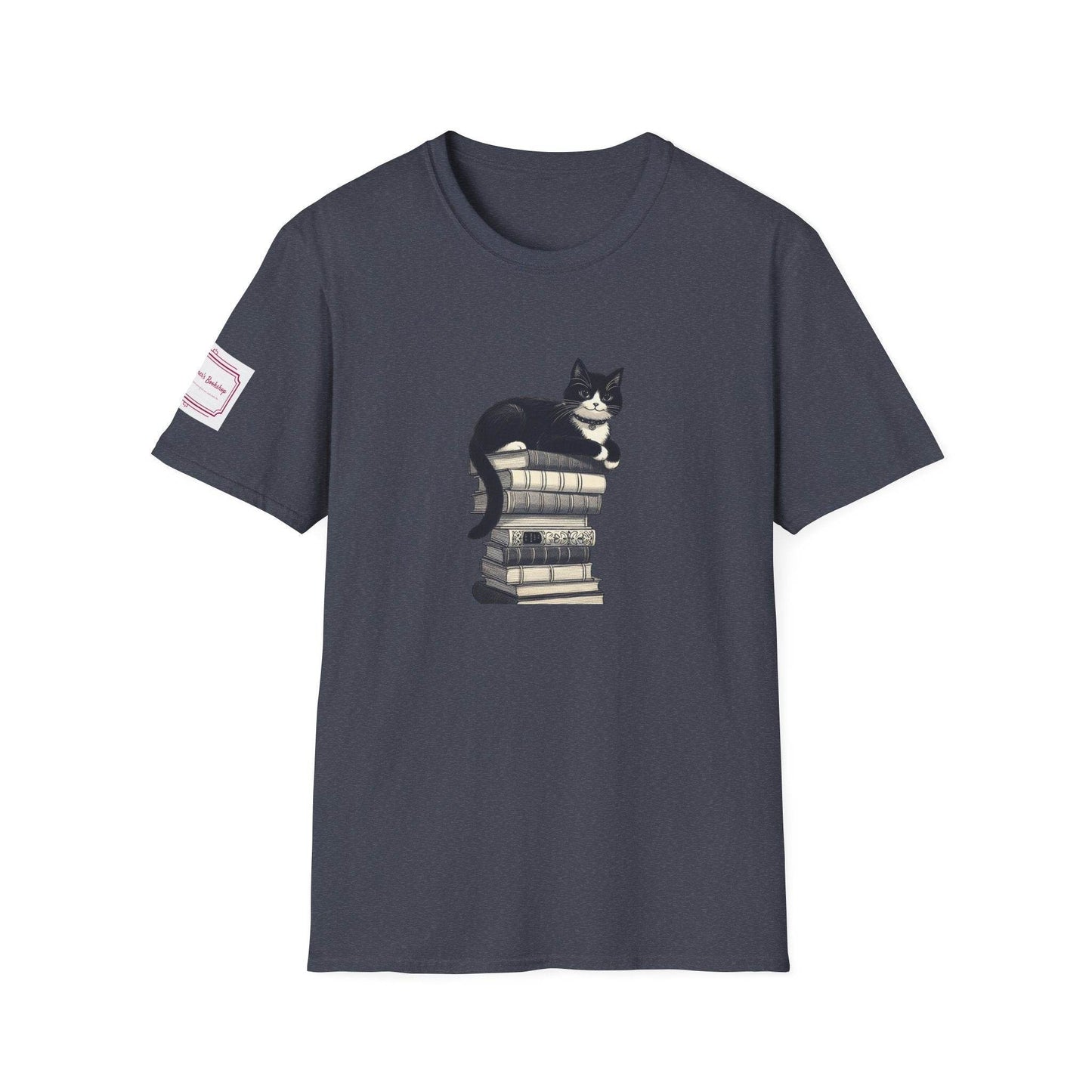 Unisex Softstyle T-Shirt - Vintage Cat Book Stack Bookworm - The Dreamer's Bookshop.