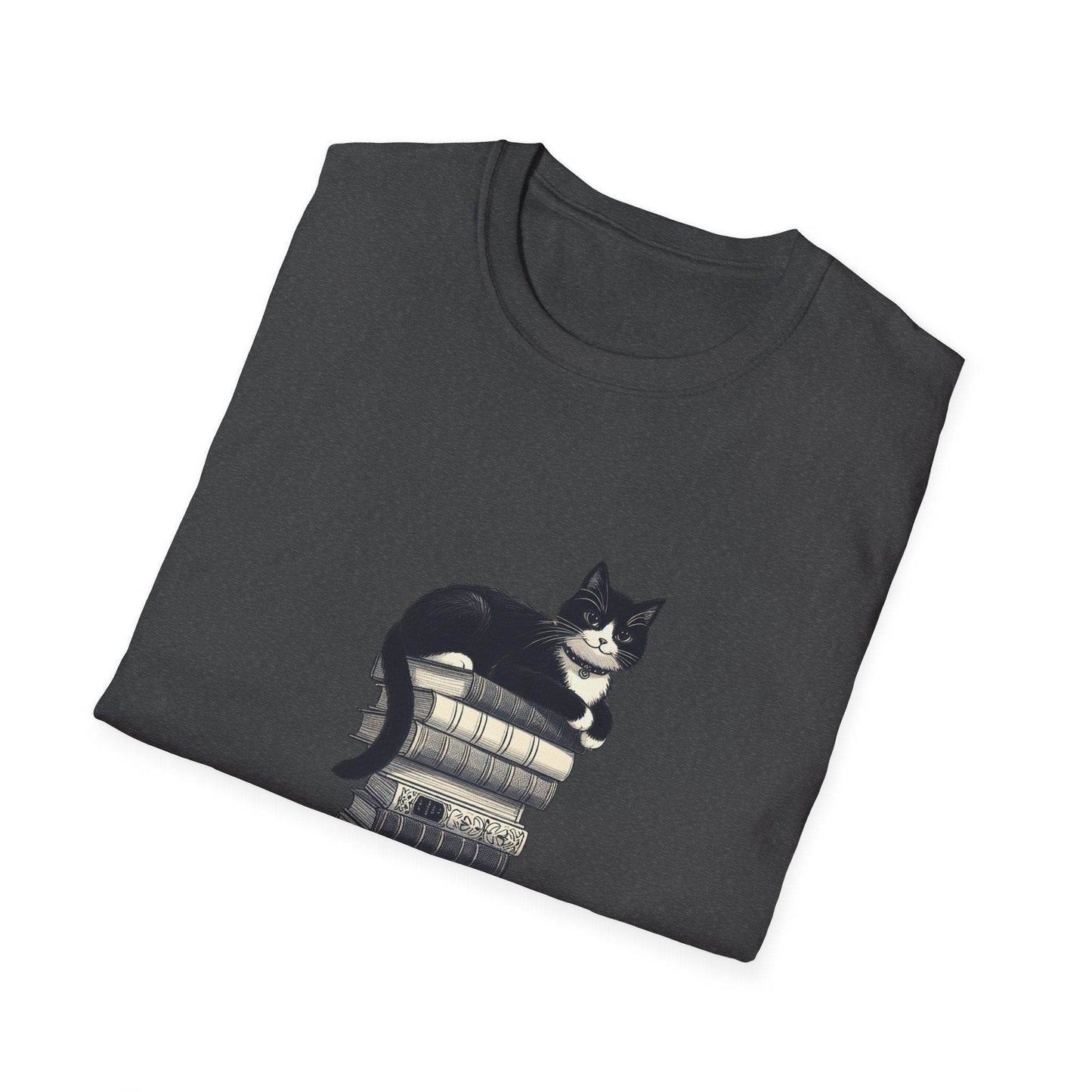 Unisex Softstyle T-Shirt - Vintage Cat Book Stack Booklover - The Dreamer's Bookshop.