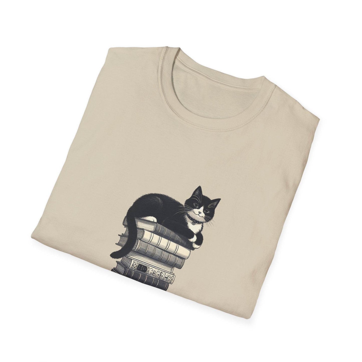 Unisex Softstyle T-Shirt - Vintage Cat Book Stack Booklover - The Dreamer's Bookshop.