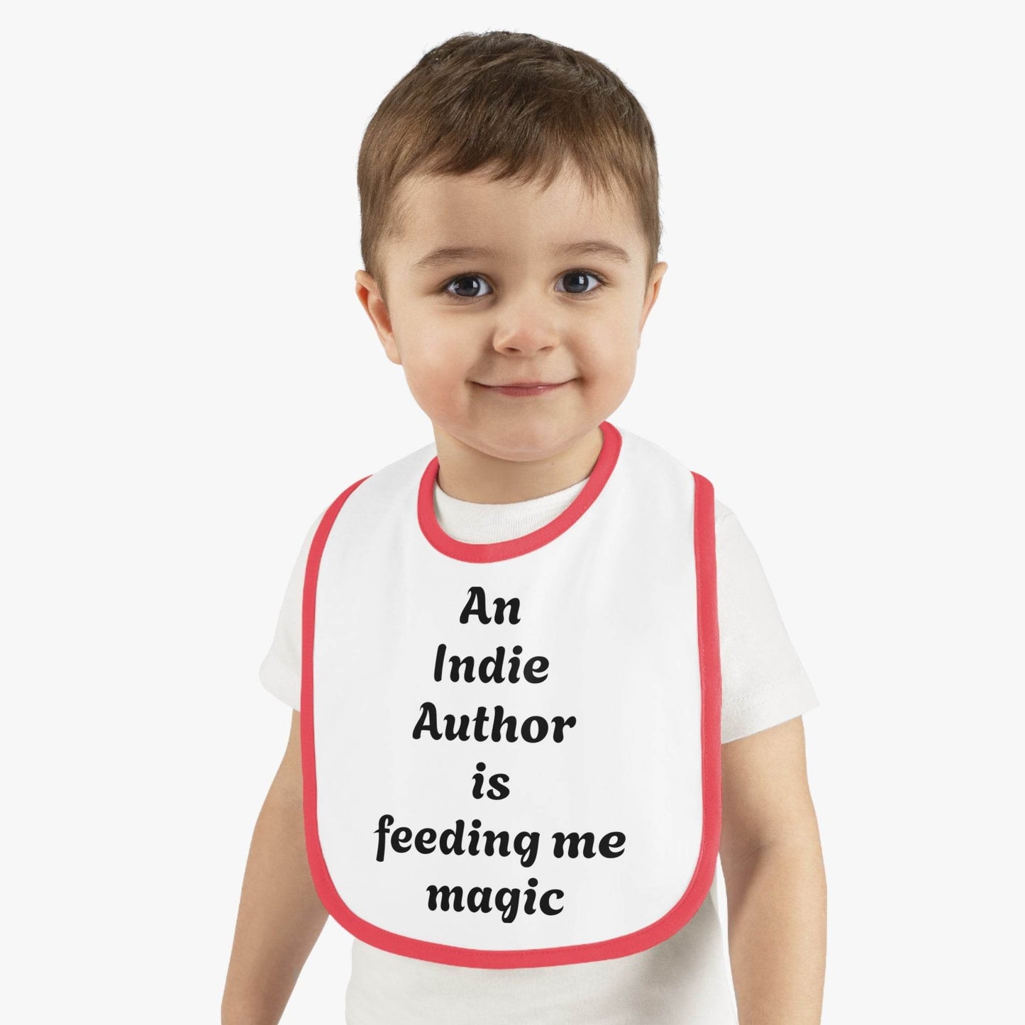 US - Indie Author Baby Bib - Feeding Me Magic Contrast Trim Jersey Bib - The Dreamer's Bookshop.