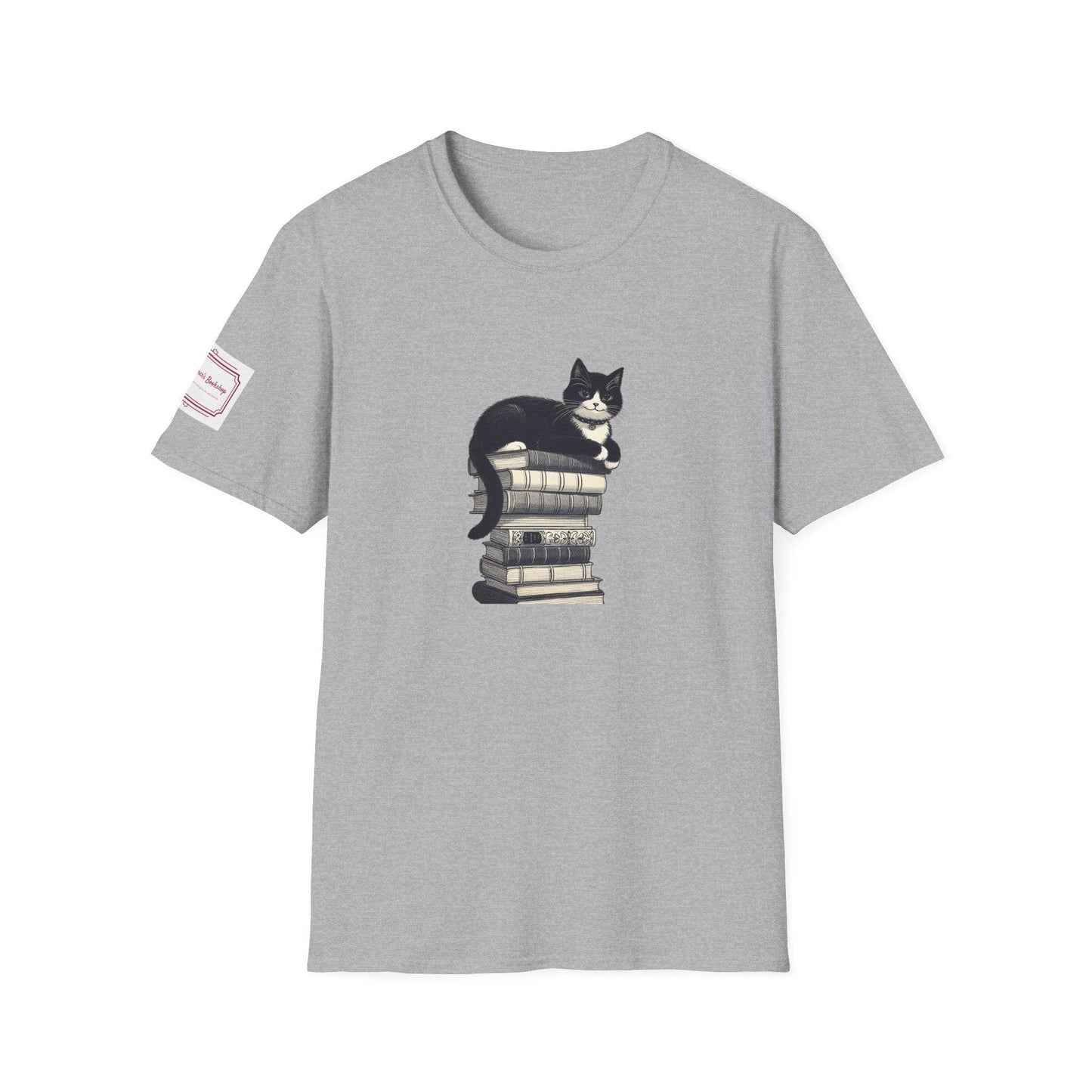 Unisex Softstyle T-Shirt - Vintage Cat Book Stack Bookworm - The Dreamer's Bookshop.