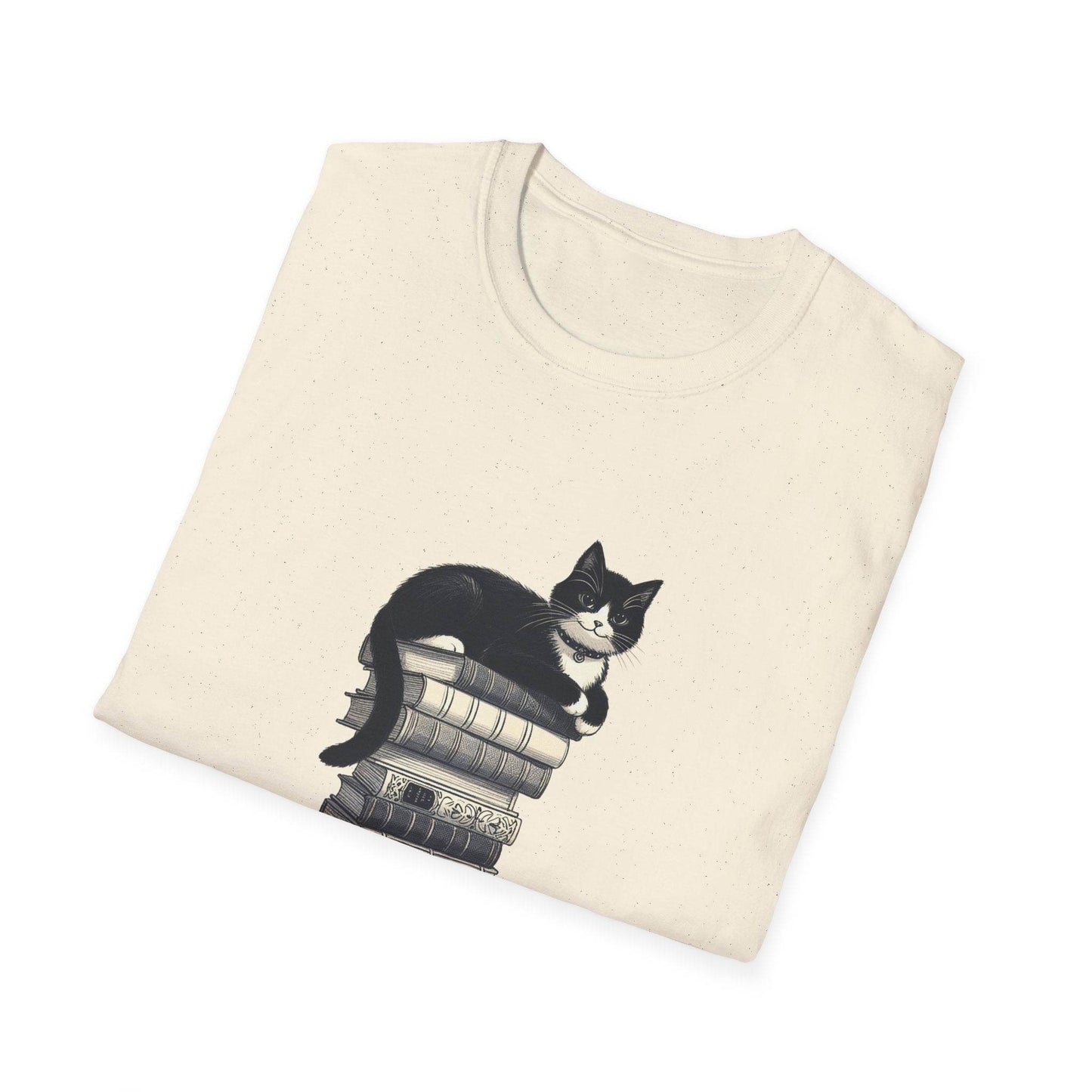Unisex Softstyle T-Shirt - Vintage Cat Book Stack Bookworm - The Dreamer's Bookshop.