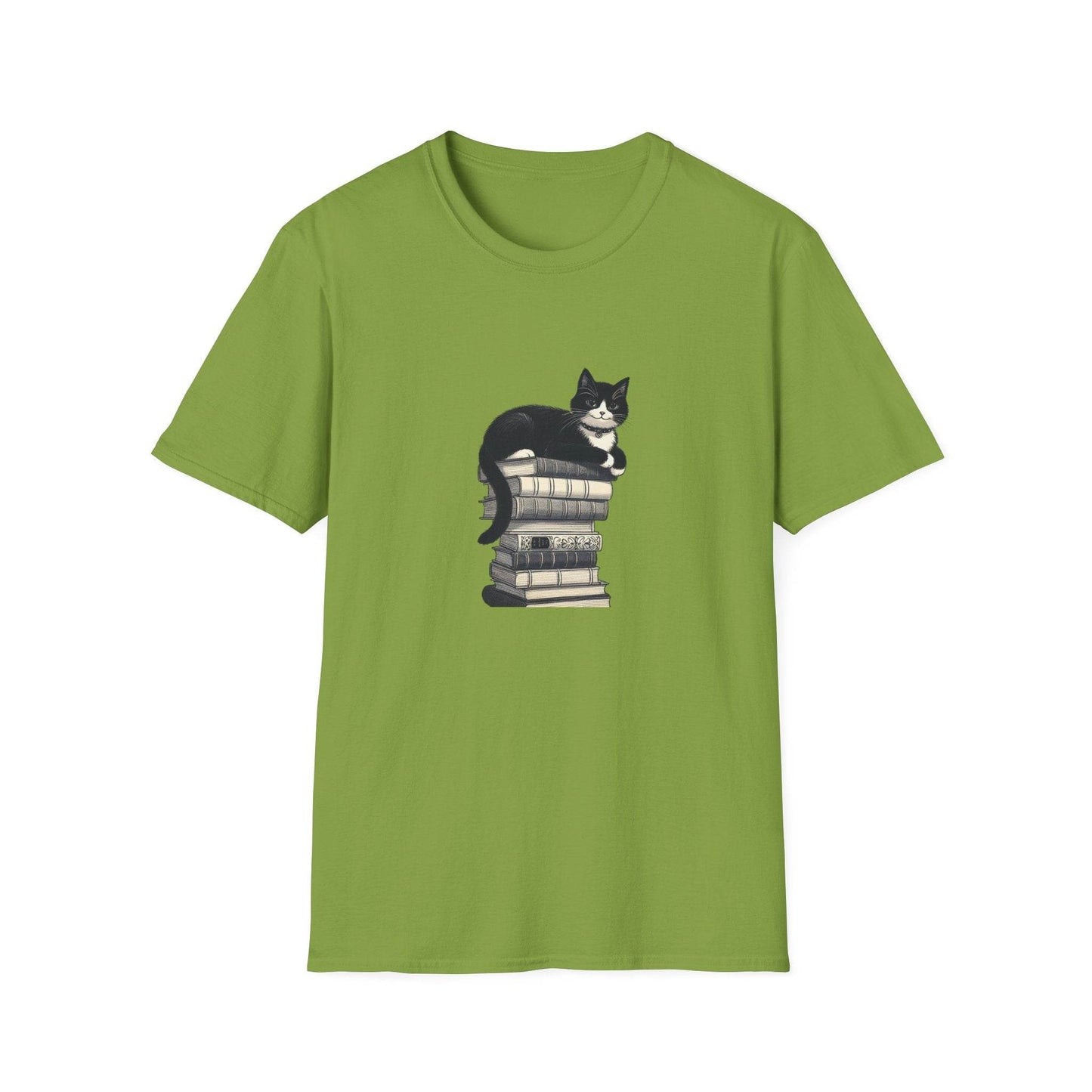 Unisex Softstyle T-Shirt - Vintage Cat Book Stack Booklover - The Dreamer's Bookshop.