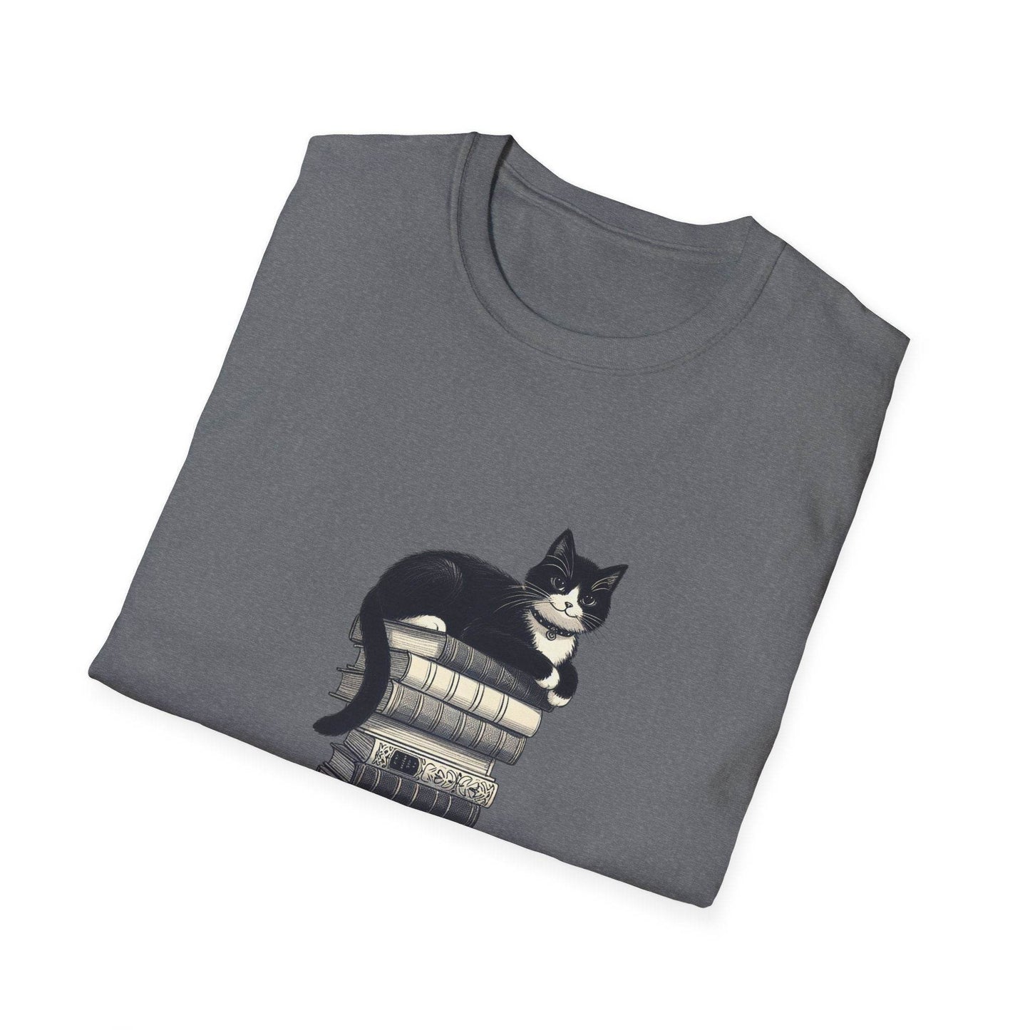 Unisex Softstyle T-Shirt - Vintage Cat Book Stack Booklover - The Dreamer's Bookshop.
