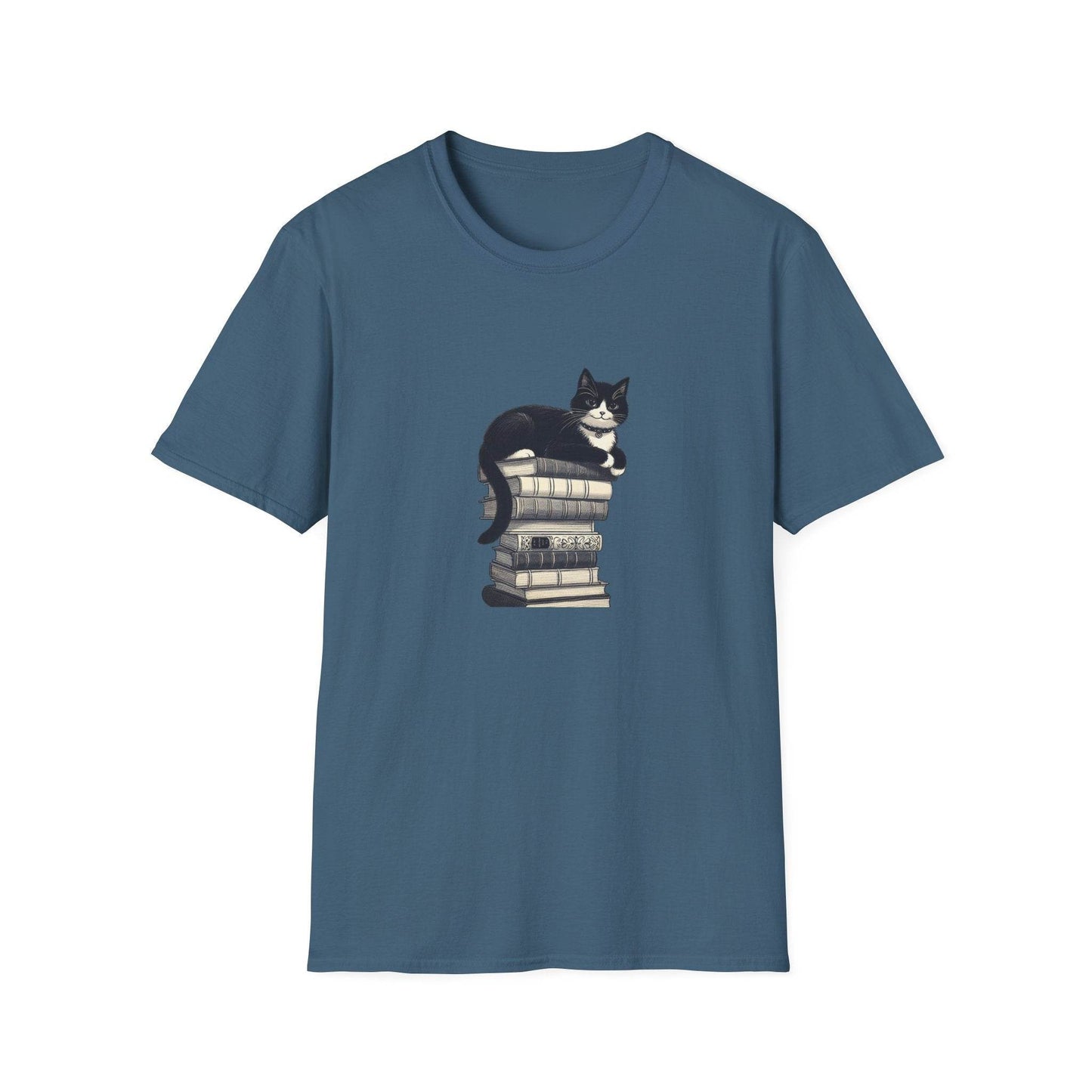 Unisex Softstyle T-Shirt - Vintage Cat Book Stack Booklover - The Dreamer's Bookshop.