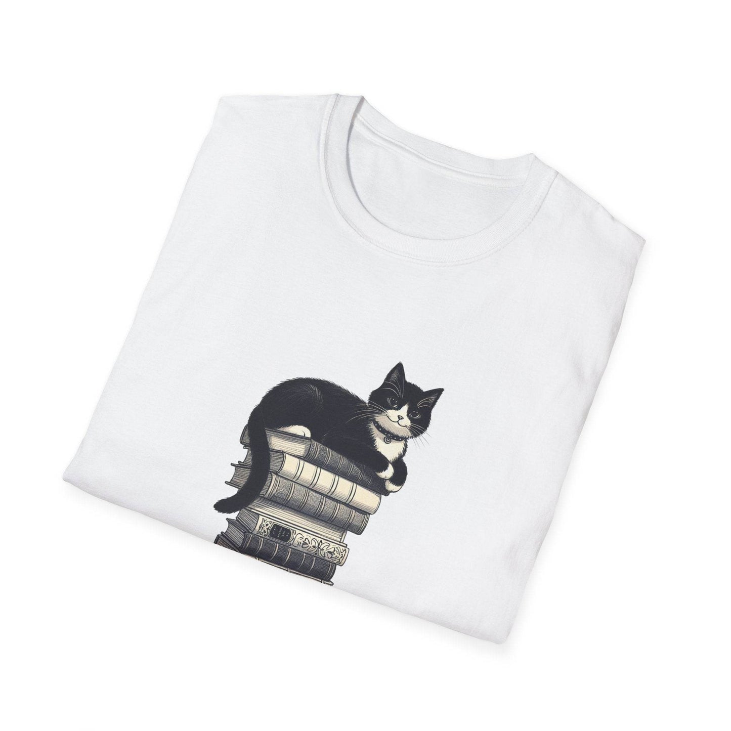 Unisex Softstyle T-Shirt - Vintage Cat Book Stack Bookworm - The Dreamer's Bookshop.