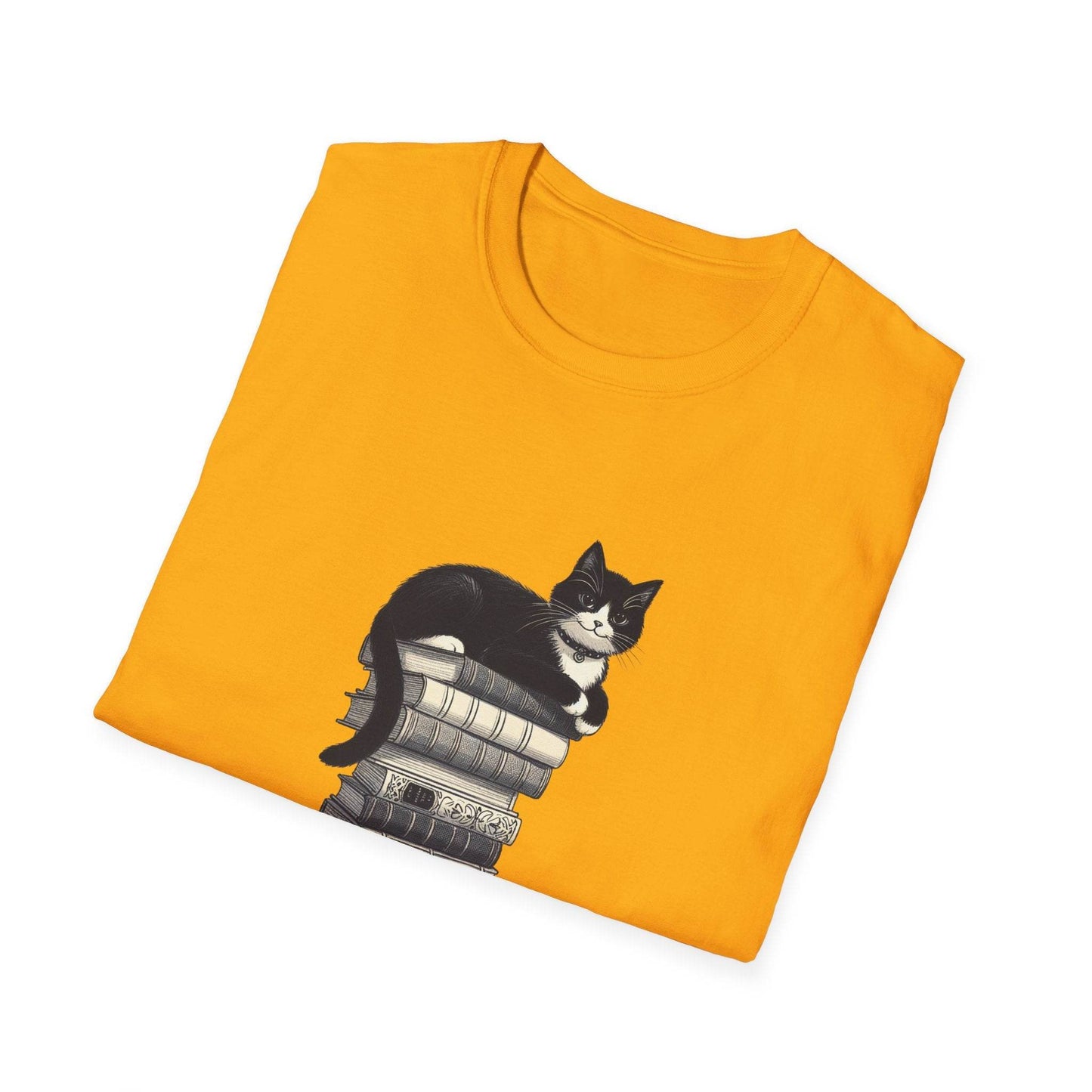 Unisex Softstyle T-Shirt - Vintage Cat Book Stack Bookworm - The Dreamer's Bookshop.