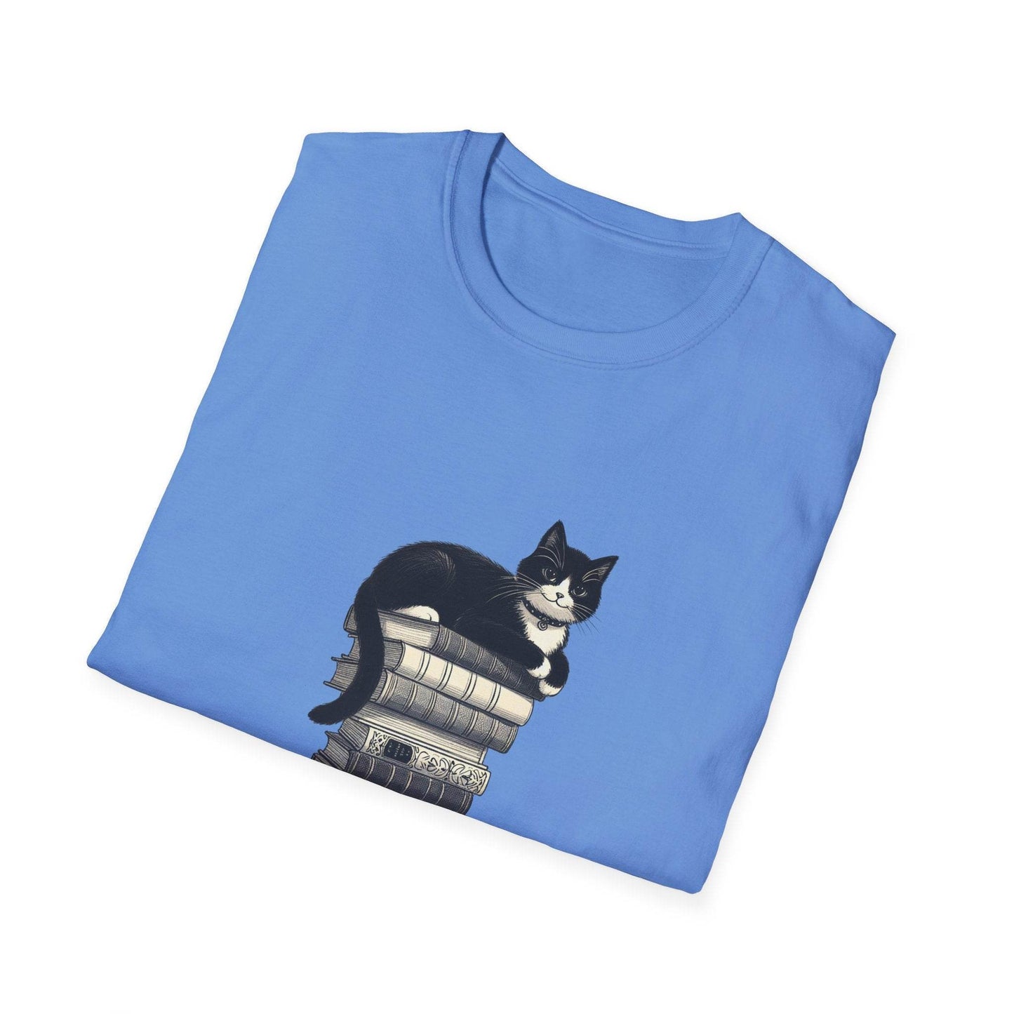 Unisex Softstyle T-Shirt - Vintage Cat Book Stack Booklover - The Dreamer's Bookshop.