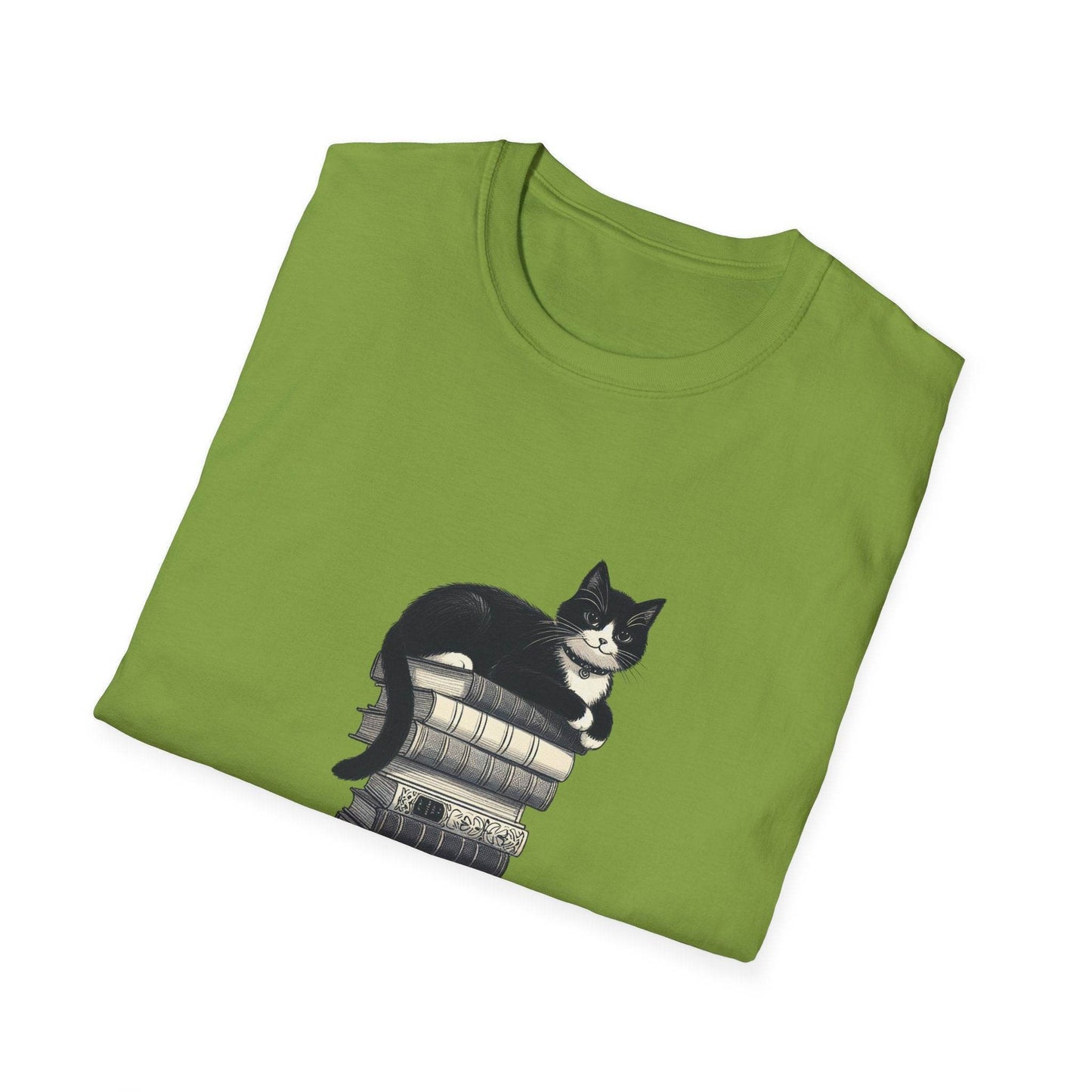 Unisex Softstyle T-Shirt - Vintage Cat Book Stack Booklover - The Dreamer's Bookshop.