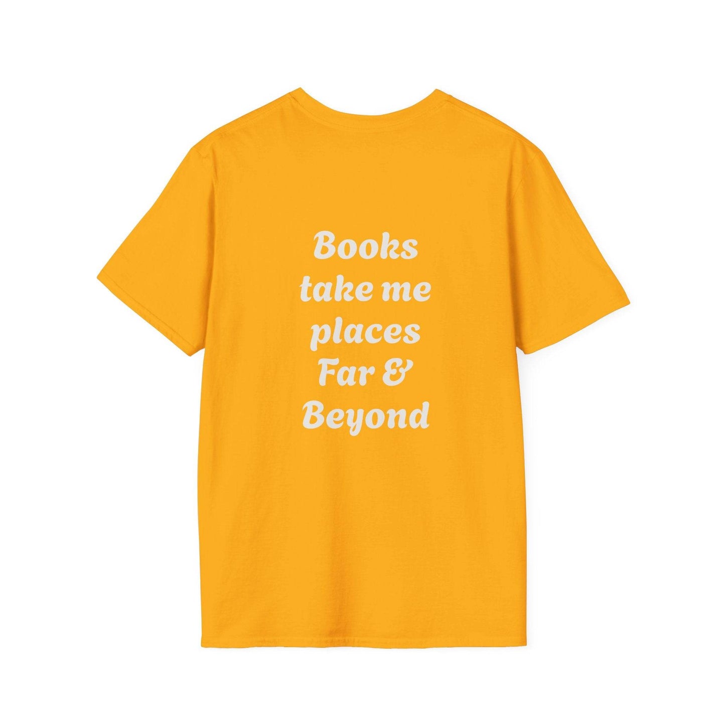 Unisex Softstyle T-Shirt - 'I'm a Traveller of Worlds' & 'Books Take Me Places Far & Beyond' - The Dreamer's Bookshop.