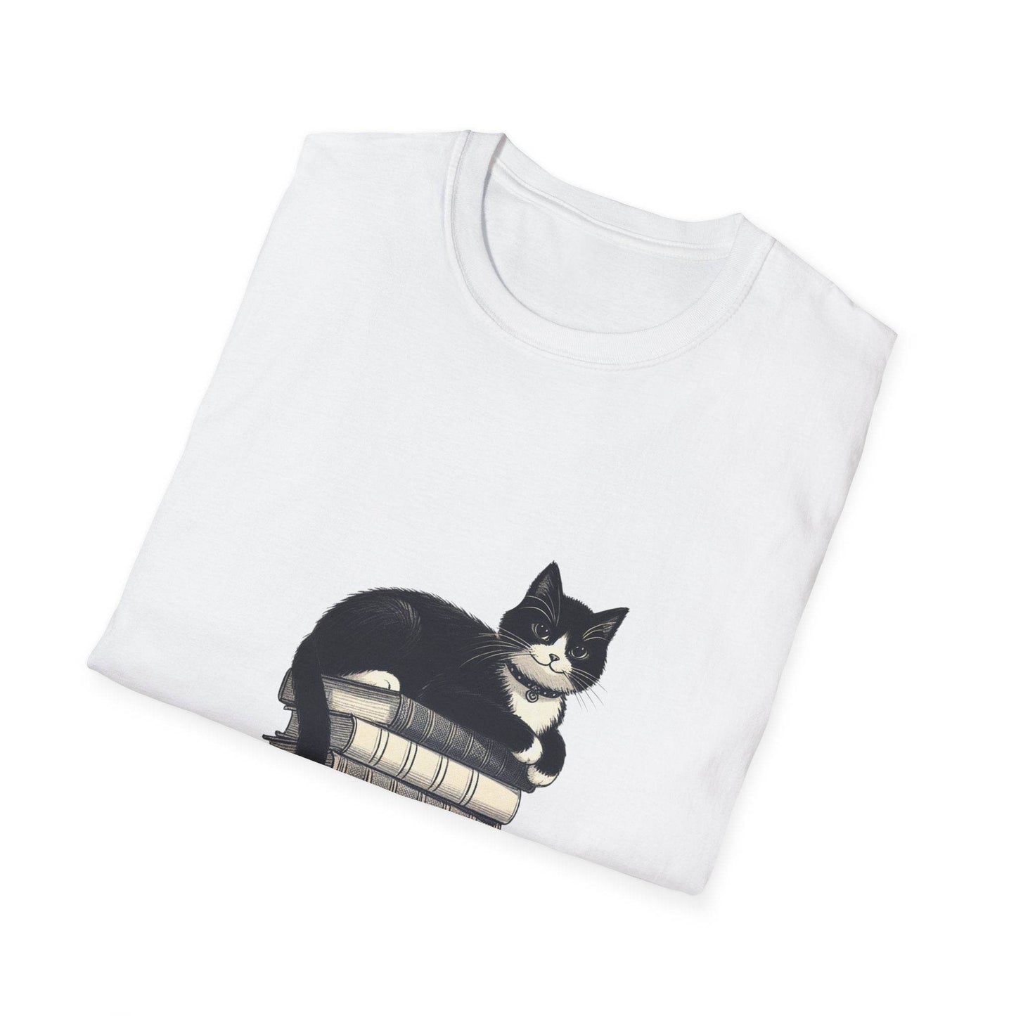 Unisex T-Shirt - Vintage Cat Book Stack for Book Lovers - The Dreamer's Bookshop.