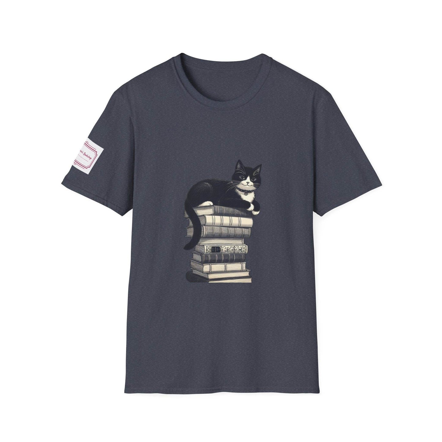 Unisex T-Shirt - Vintage Cat Book Stack for Book Lovers - The Dreamer's Bookshop.