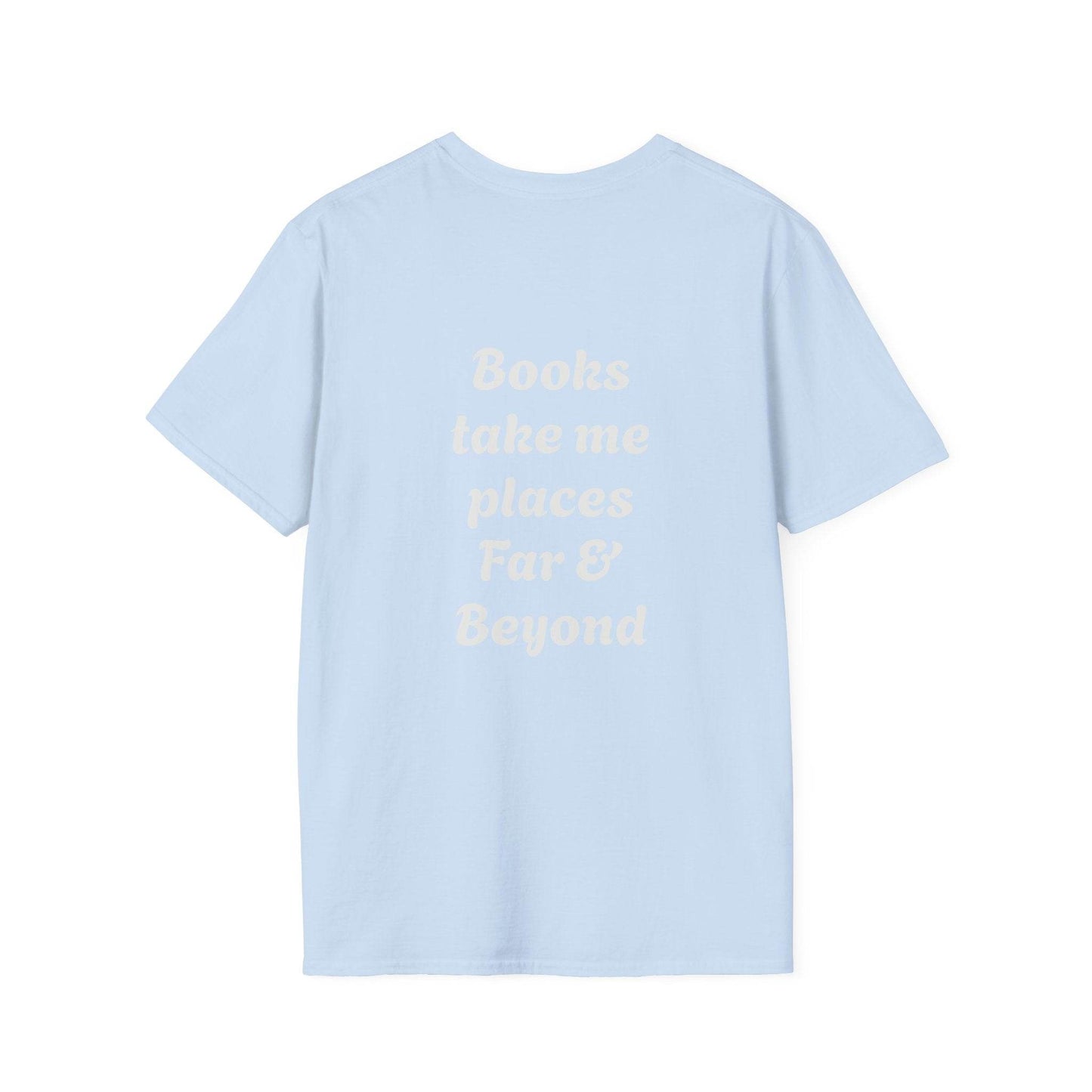 Unisex Softstyle T-Shirt - 'I'm a Traveller of Worlds' & 'Books Take Me Places Far & Beyond' - The Dreamer's Bookshop.
