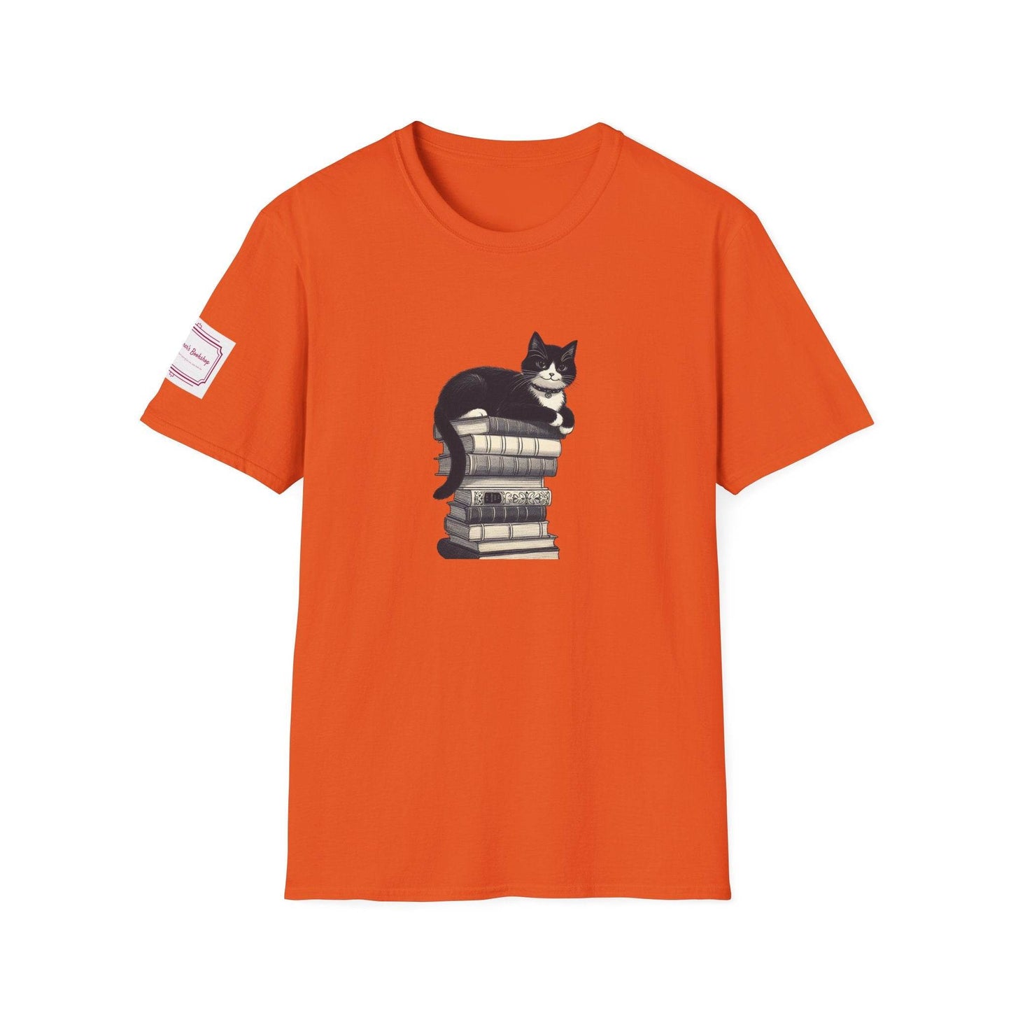 Unisex Softstyle T-Shirt - Vintage Cat Book Stack Bookworm - The Dreamer's Bookshop.
