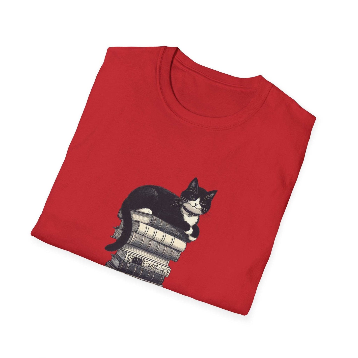Unisex Softstyle T-Shirt - Vintage Cat Book Stack Bookworm - The Dreamer's Bookshop.