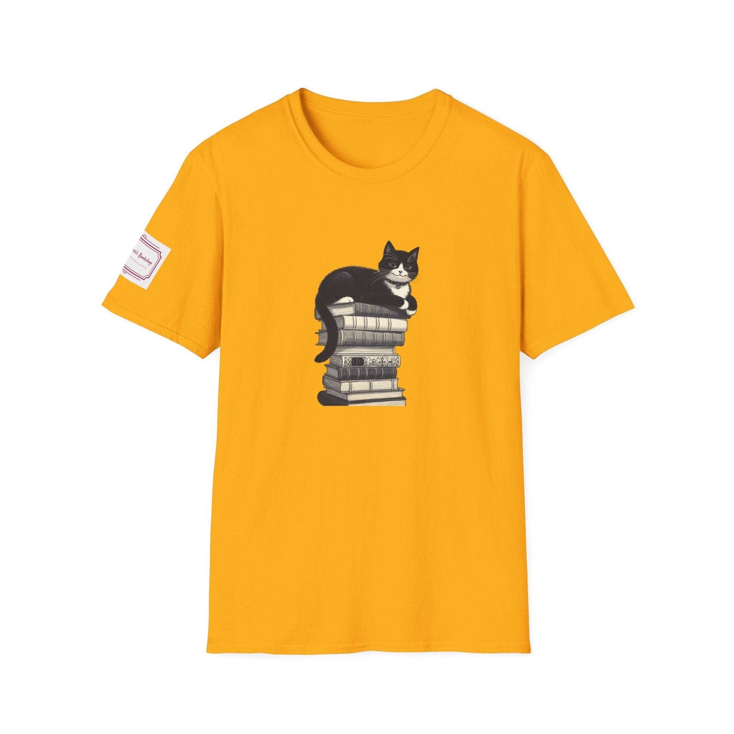 Unisex Softstyle T-Shirt - Vintage Cat Book Stack Bookworm - The Dreamer's Bookshop.