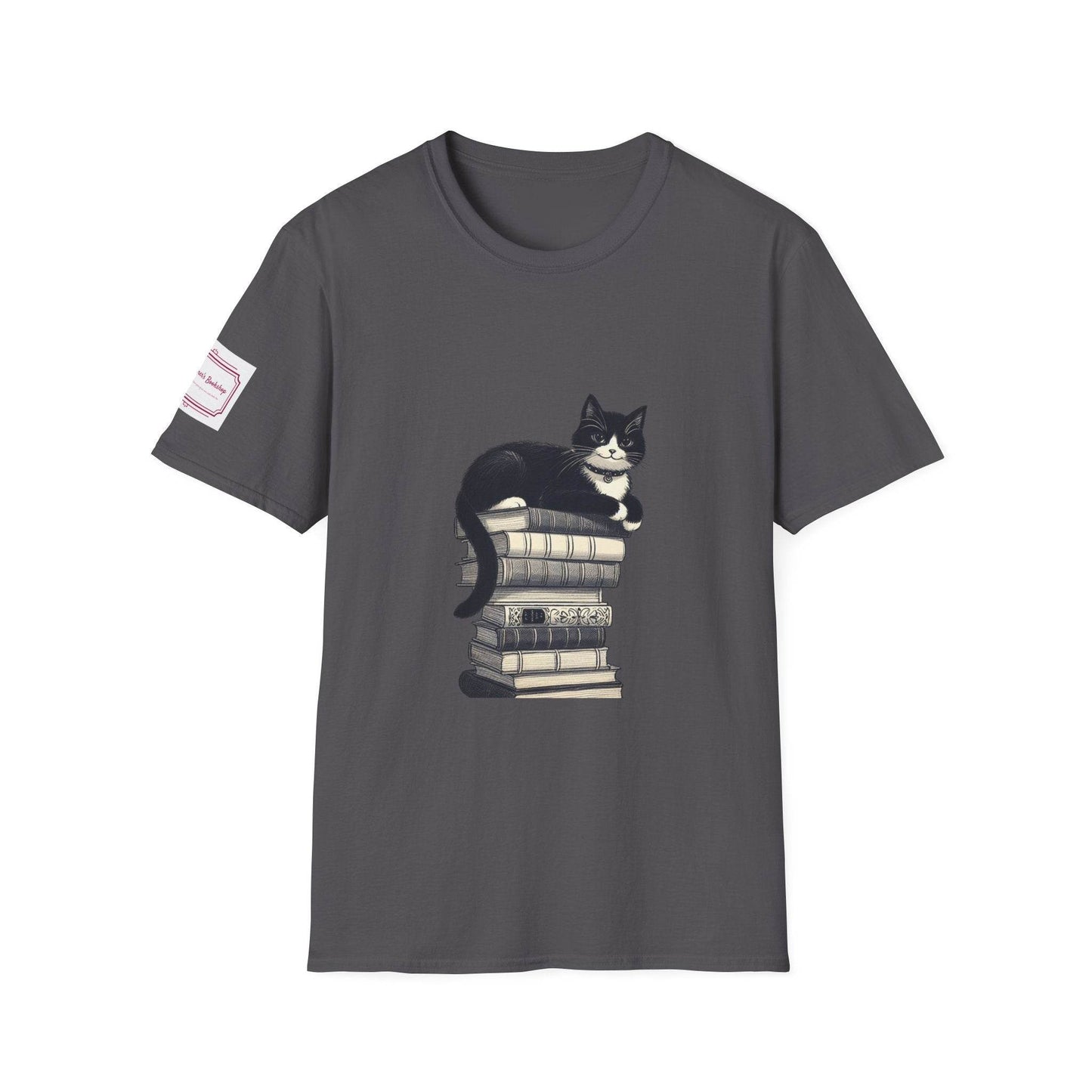 Unisex T-Shirt - Vintage Cat Book Stack for Book Lovers - The Dreamer's Bookshop.