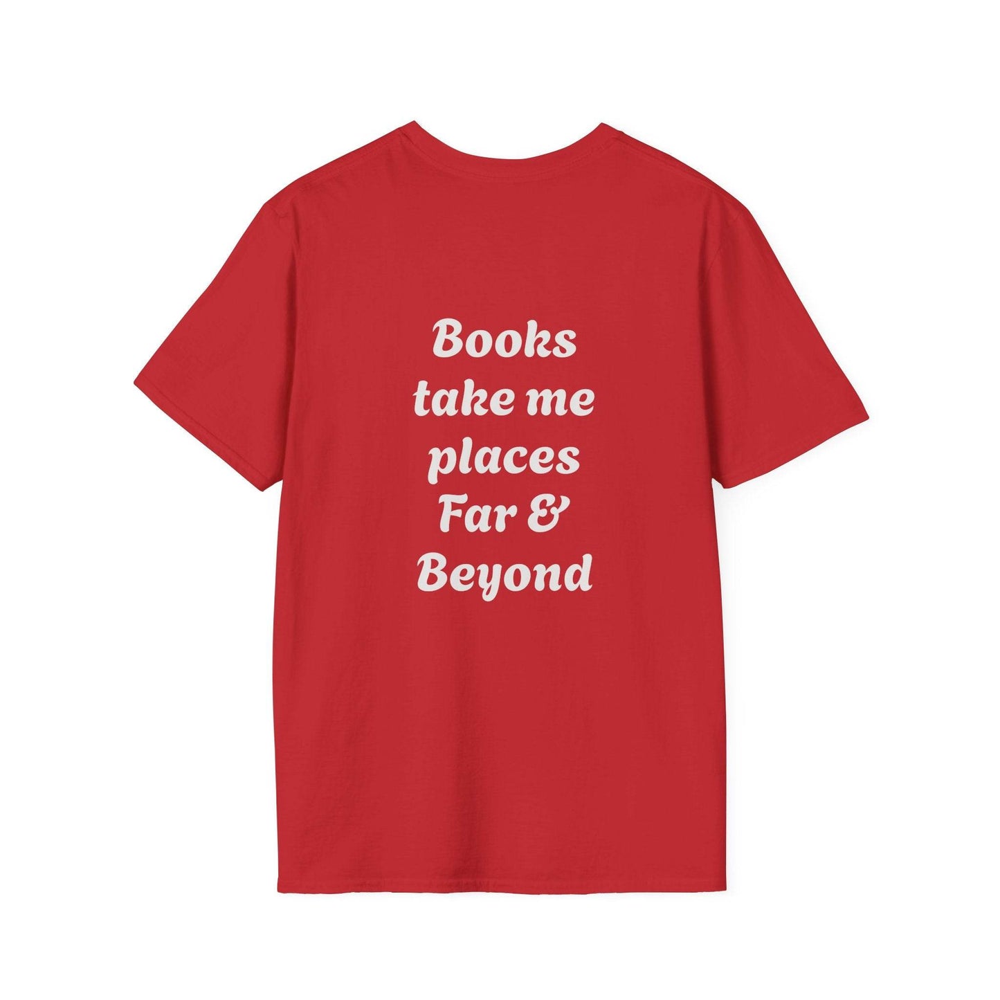 Unisex Softstyle T-Shirt - 'I'm a Traveller of Worlds' & 'Books Take Me Places Far & Beyond' - The Dreamer's Bookshop.