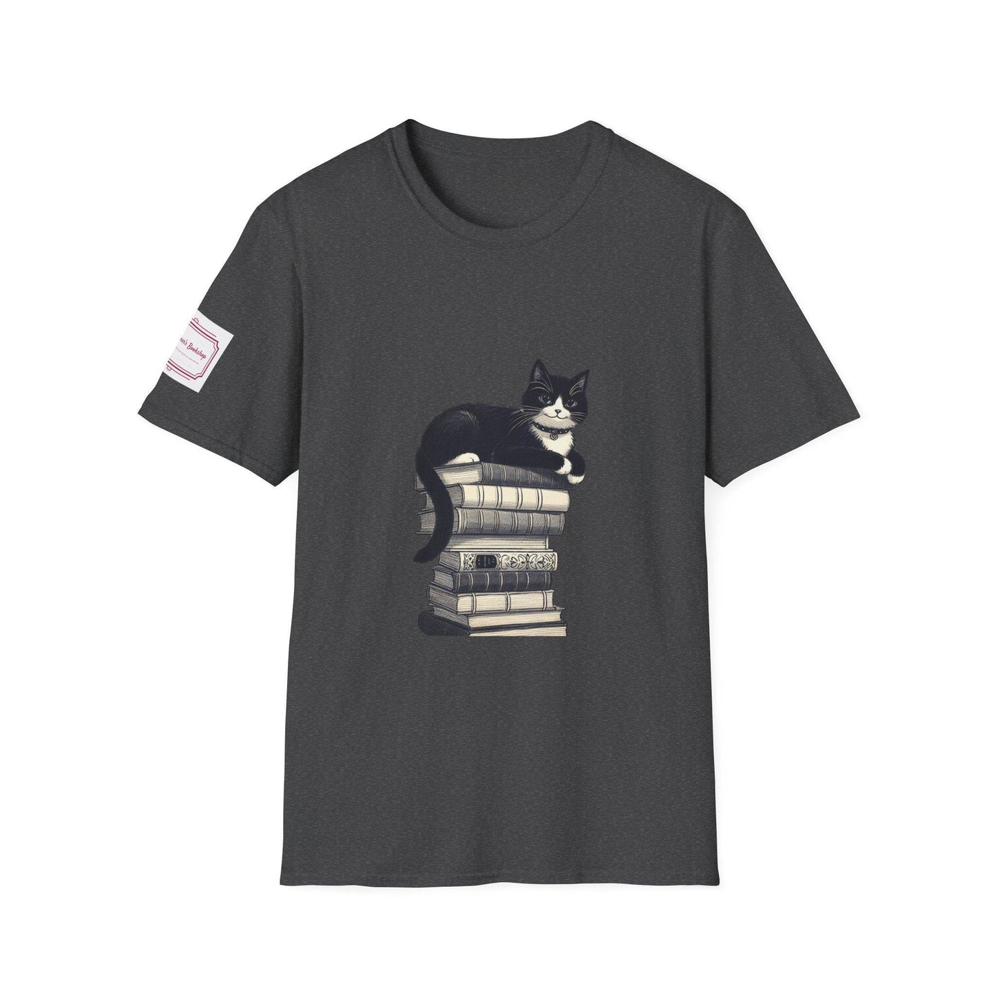 Unisex T-Shirt - Vintage Cat Book Stack for Book Lovers - The Dreamer's Bookshop.