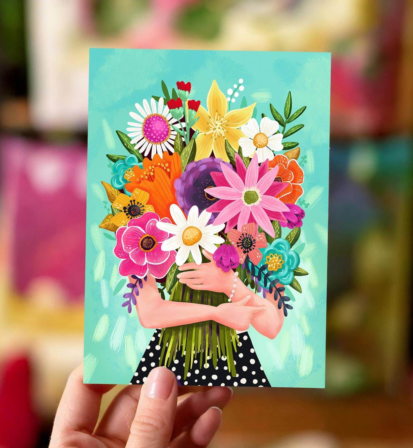 Aniet Illustration - Kaart verjaardag vrouw met een boeket kleurrijke bloemen - The Dreamer's Bookshop.