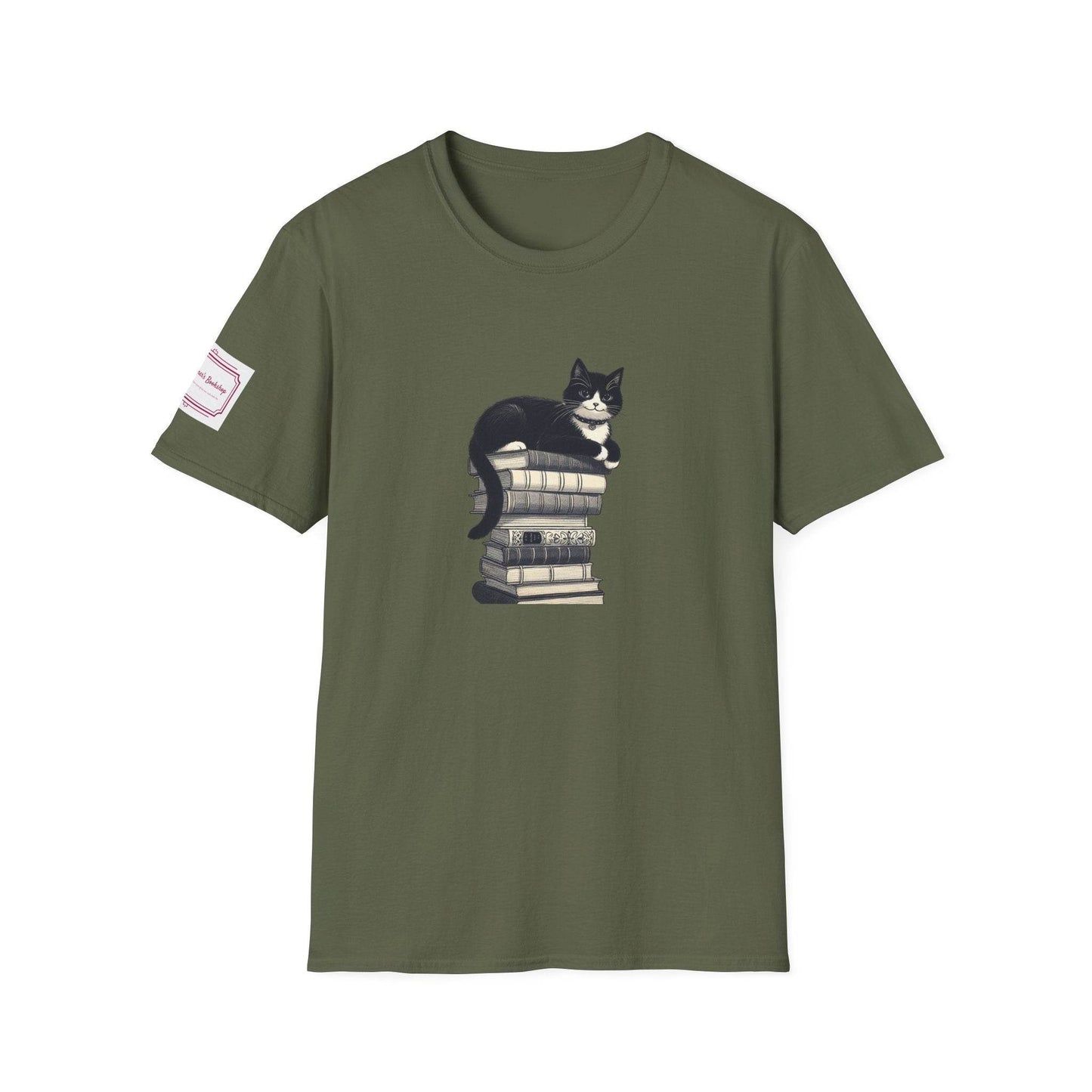 Unisex Softstyle T-Shirt - Vintage Cat Book Stack Bookworm - The Dreamer's Bookshop.